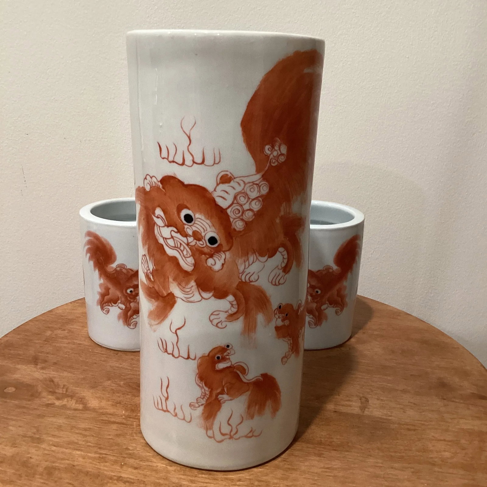 Vintage Trio Chinoiseries Ceramic Vases White Base Orange Foo Dog - 2