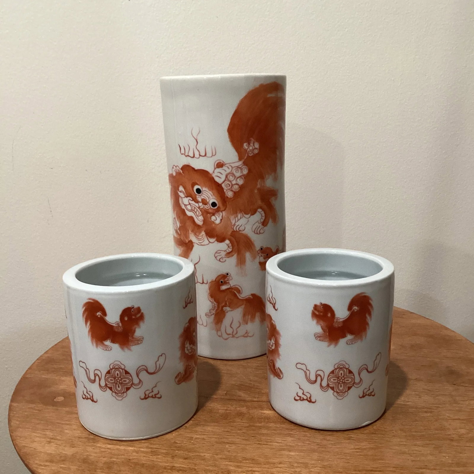Vintage Trio Chinoiseries Ceramic Vases White Base Orange Foo Dog - 5