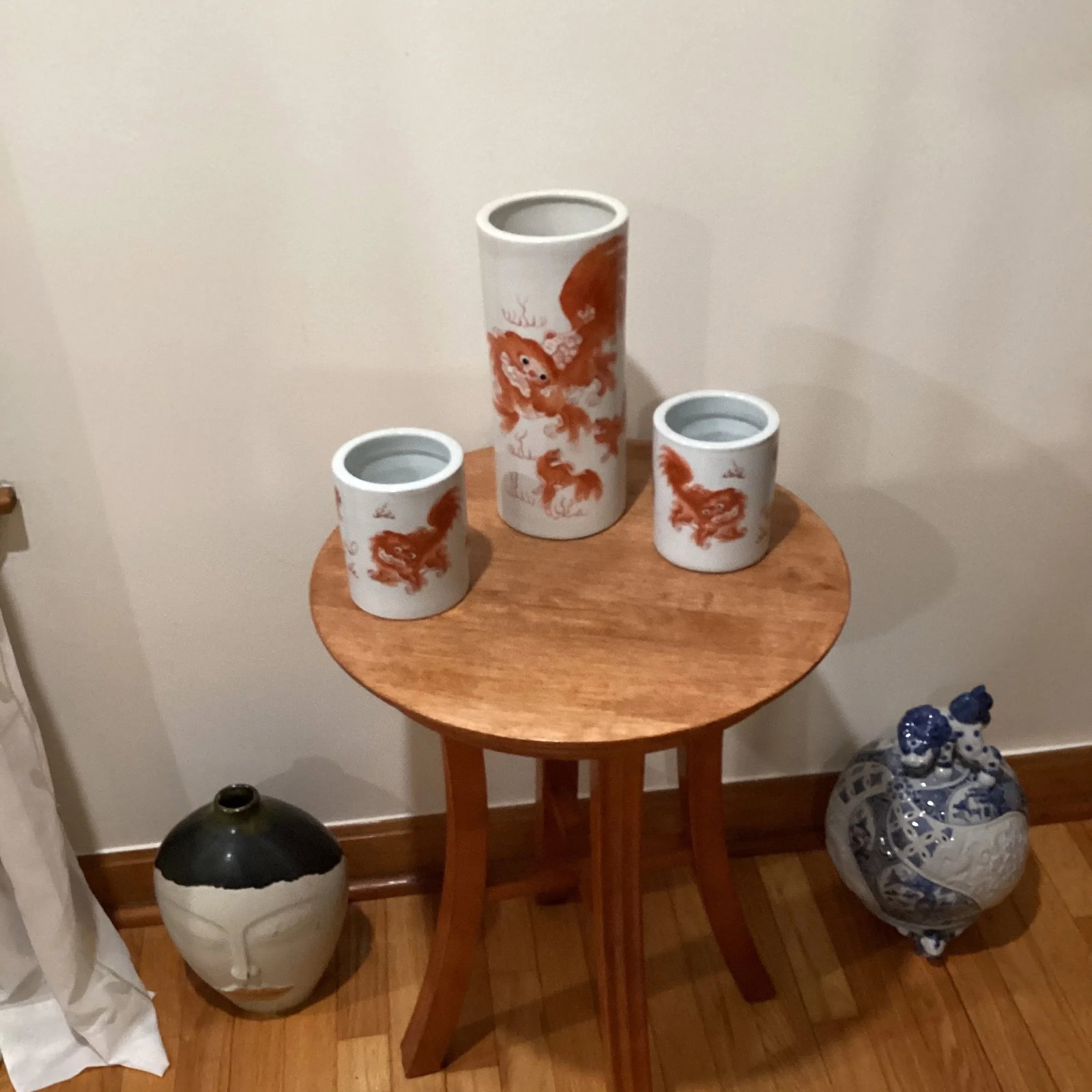 Vintage Trio Chinoiseries Ceramic Vases White Base Orange Foo Dog - 7