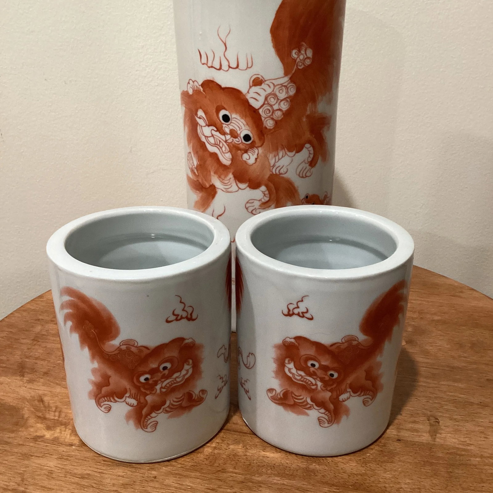 Vintage Trio Chinoiseries Ceramic Vases White Base Orange Foo Dog - 9