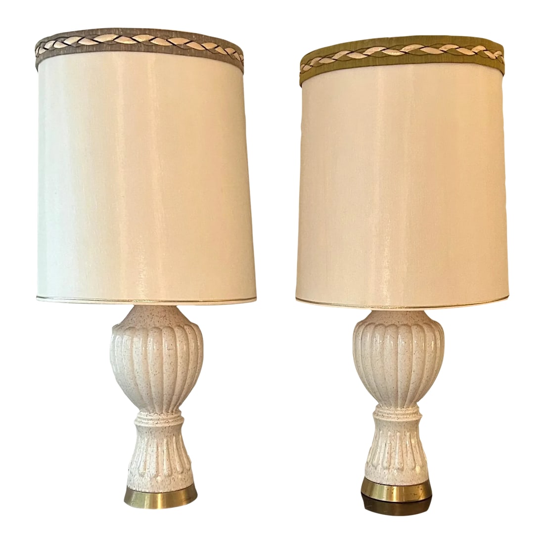 1960's Hollywood Regency Gold Flecked Ceramic Table Lamps- a Pair: This pair of 1960's Hollywood Regency style table lamps are exquisite down to the last detail. The bases are ivory colored ceramic with flecks of gold in a classic urn shaped enhanced byr ribbed. The 