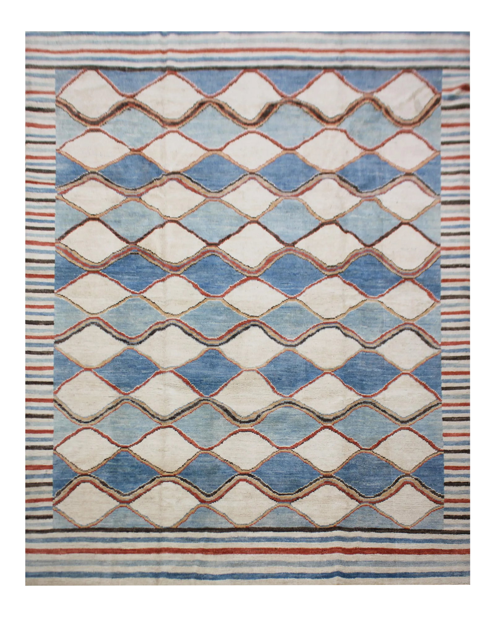 Hand Knotted Natural Wool & Cotton Gabbeh Rug - 9'10" X 13'3": Hand knotted of top quality natural dyed wool and cotton in Afghanistan. This unique and innovative Navajo style Rug is an eye-catching example that beautifully showcases some of the stunning modern d