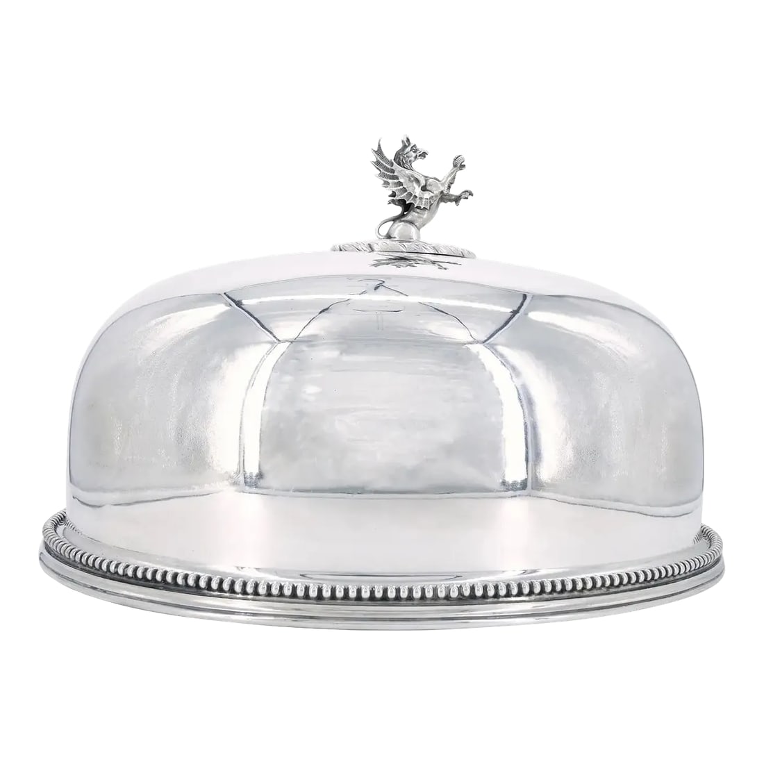19th Century English Silverplate Meat Dome With Dragon Finial Handle: Late Victorian silverplate meet cover with finely sculpted finial handle in the form of a standing dragon. Signed. In very good condition, well-polished and ready to enjoy. Condition: Alterations: