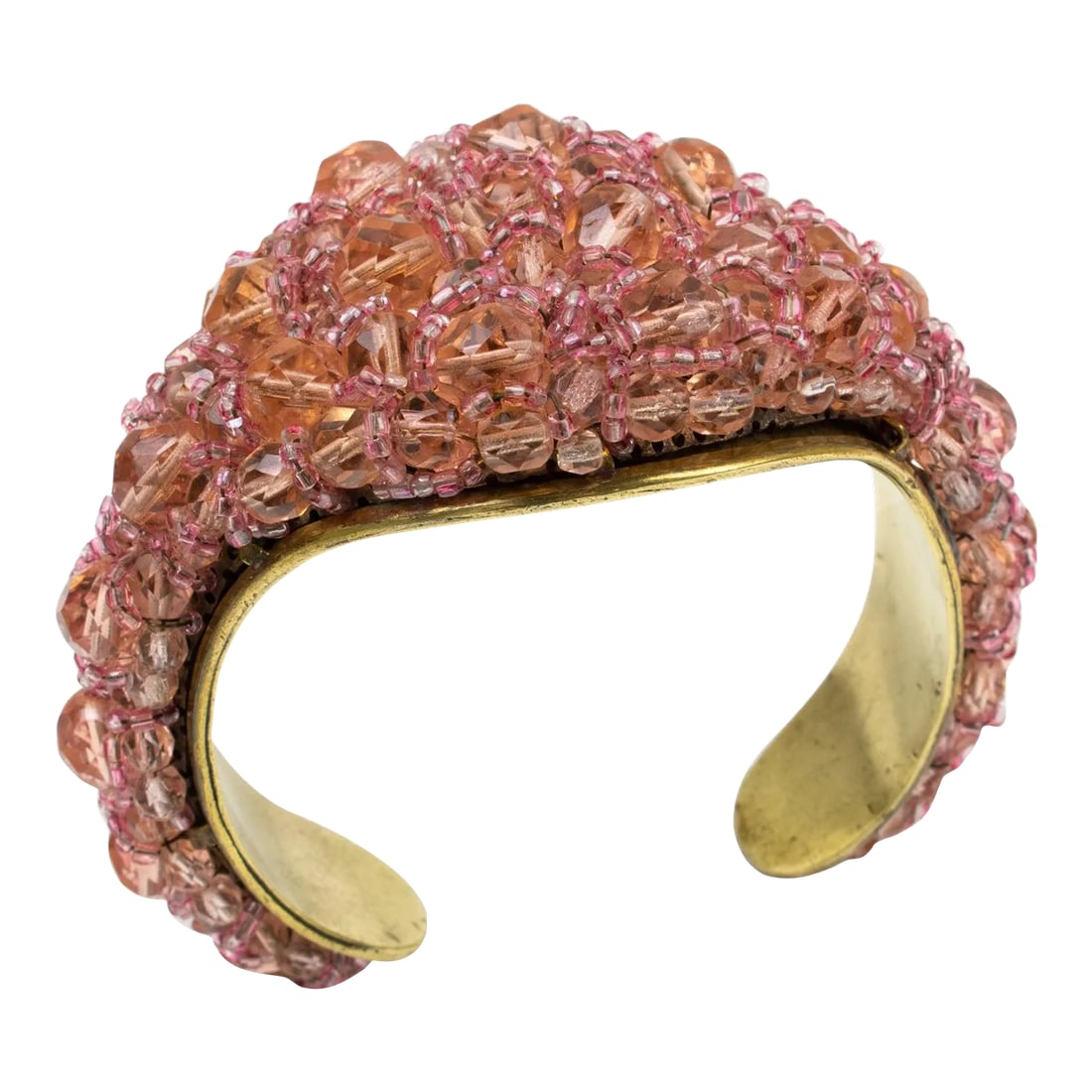 Coppola E Toppo Pink Crystal and Brass Cuff Bracelet: This is part of Chairish's Costume Jewelry assortment. Coppola and Toppo designed this fabulous rare cuff bracelet in the 1950s. The bracelet boasts a brass framing and is ornate with multi-strands