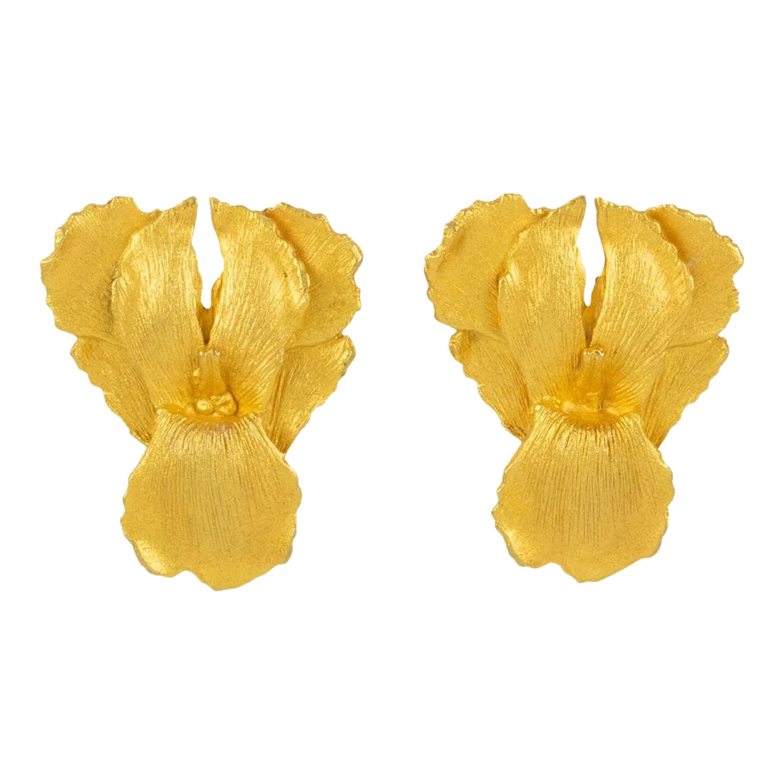 Kenzo Paris Gilt Metal Iris Flower Pair of Clip Earrings: This is part of Chairish's Costume Jewelry assortment. These mesmerizing Kenzo Paris floral clip-on earrings feature a semi-mat gilt metal all carved and textured iris flowers. The earrings are