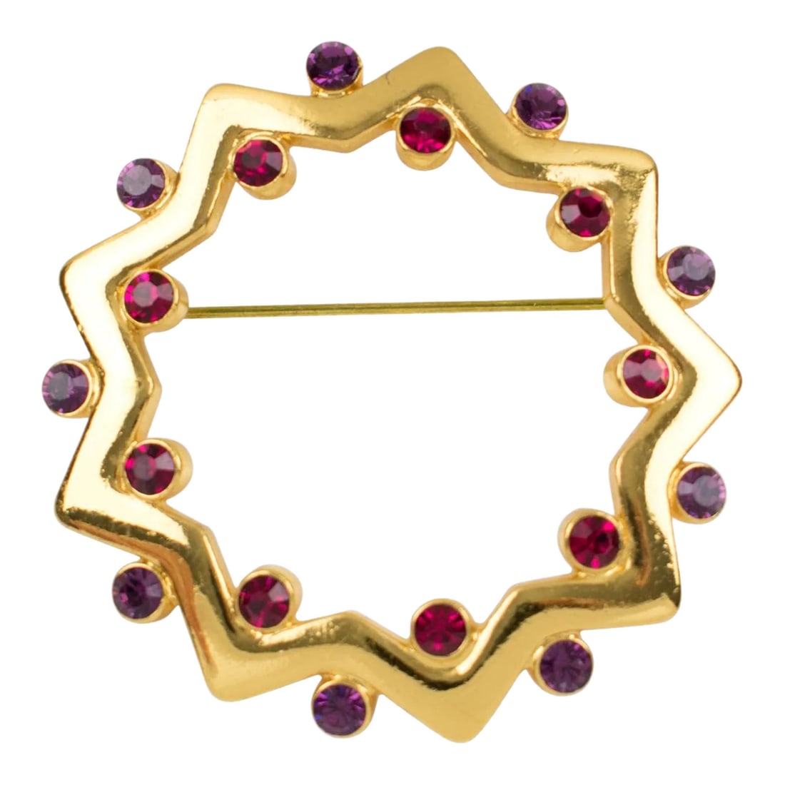 Yves Saint Laurent Ysl Purple and Red Jeweled Pin Brooch: Lovely Yves Saint Laurent YSL Paris jeweled pin brooch. Features gilt metal geometric star shape, carved, and see-thru ornate crystal rhinestones in purple and ruby red colors. Security closing clasp.