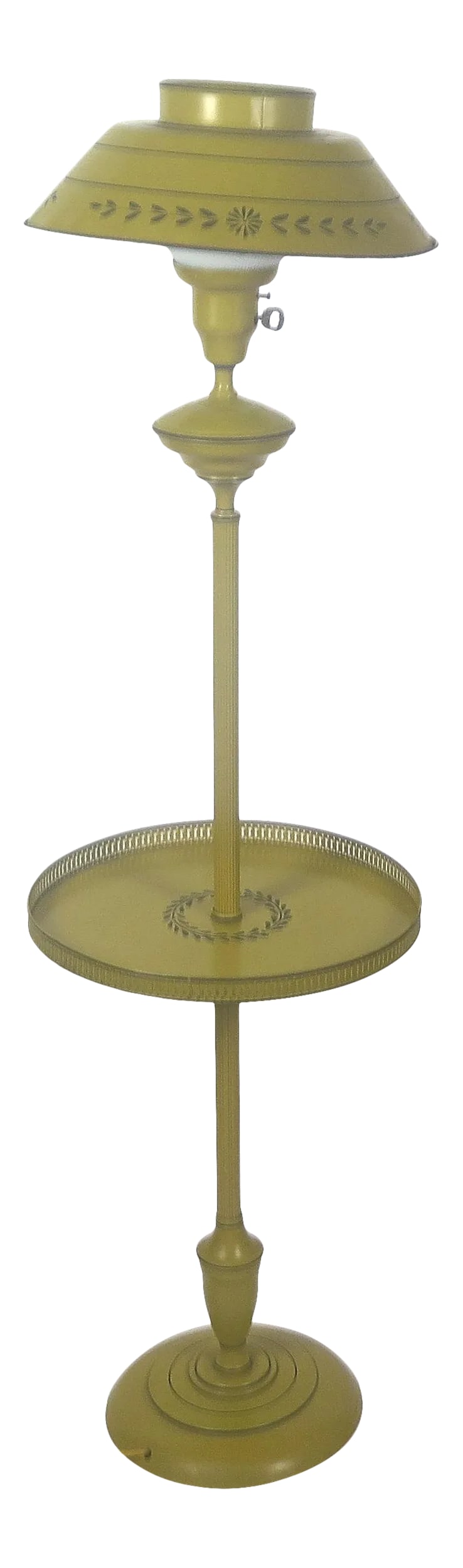 Vintage 1960s Metal Floor Lamp With Tole Shade: Such a classic vintage floor lamp that features a milk glass shade within a metal tole shade. The metal shade rest on the glass shade. It also features a table with a metal mesh balcony. This exact la