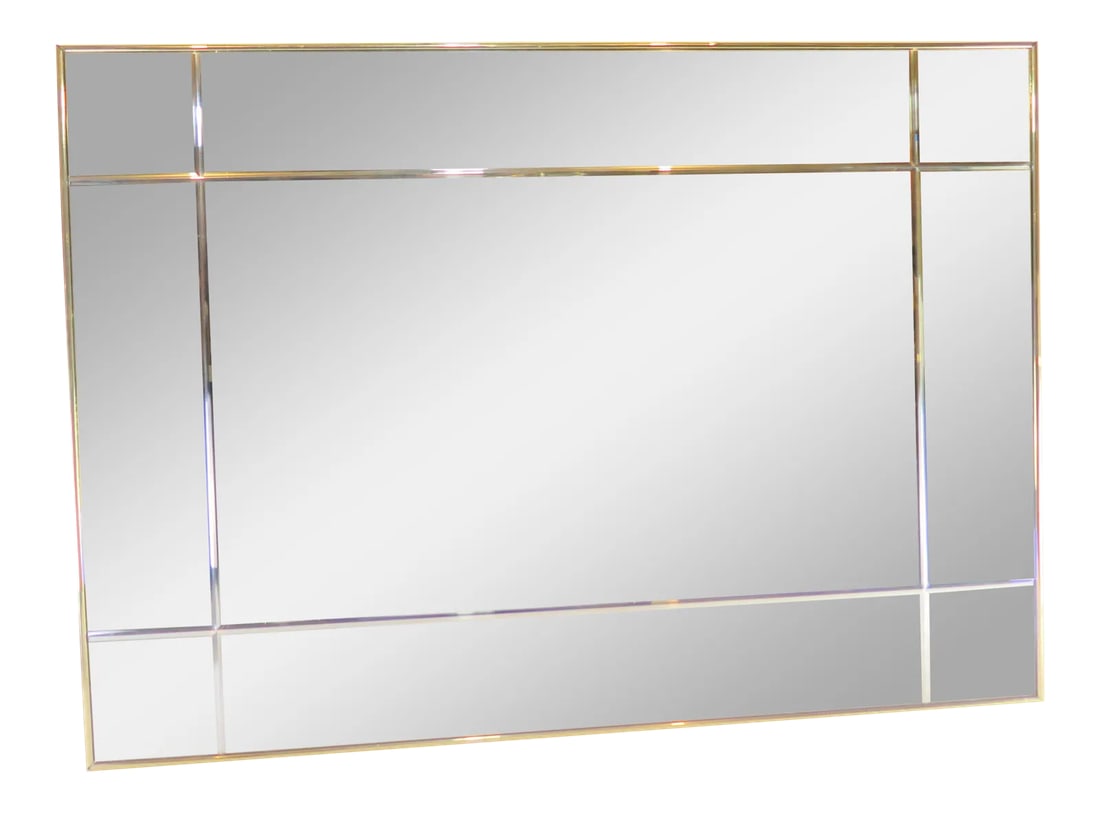 1970s Large Bassett Geometric Mirror: Mid-Century Bassett numbered mirror. It is divided by delineation lines cut into the mirror, giving a clean and distinct geometric design. Housed in the original brass frame. I found this mirror in a