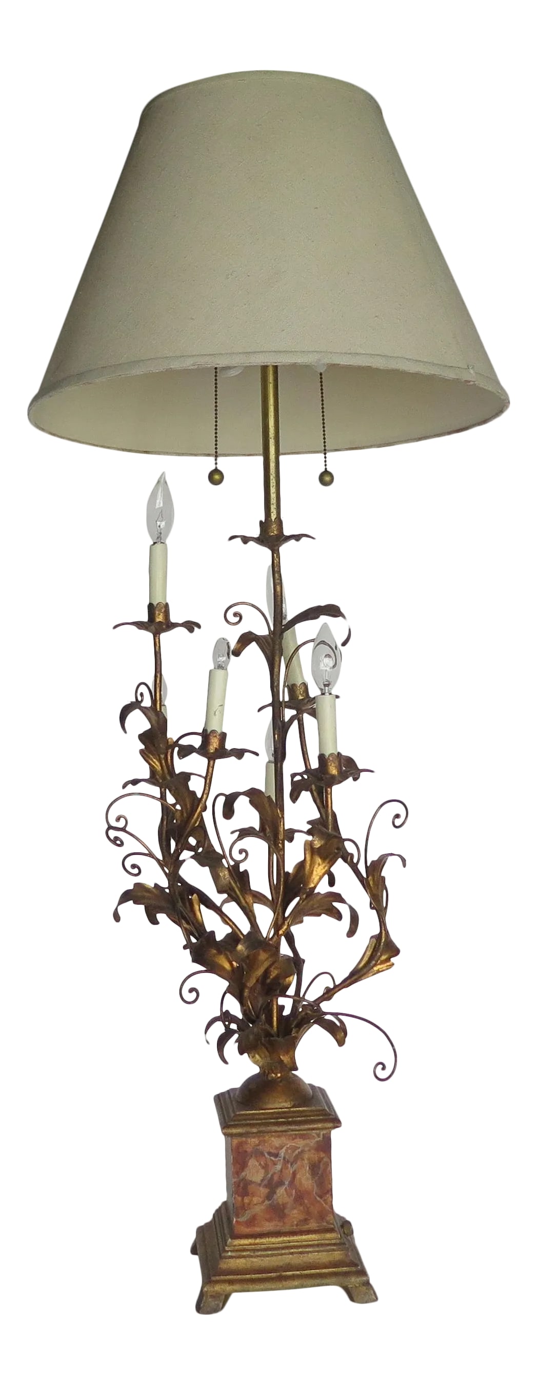 2 Light Italian Monumental Gold Leaf Table Lamp: This was recently purchased from a collector friend in Napa California. She bought the piece in 1963 in Italy. She preferred it without the crystals and you can't even tell they were part of the origi