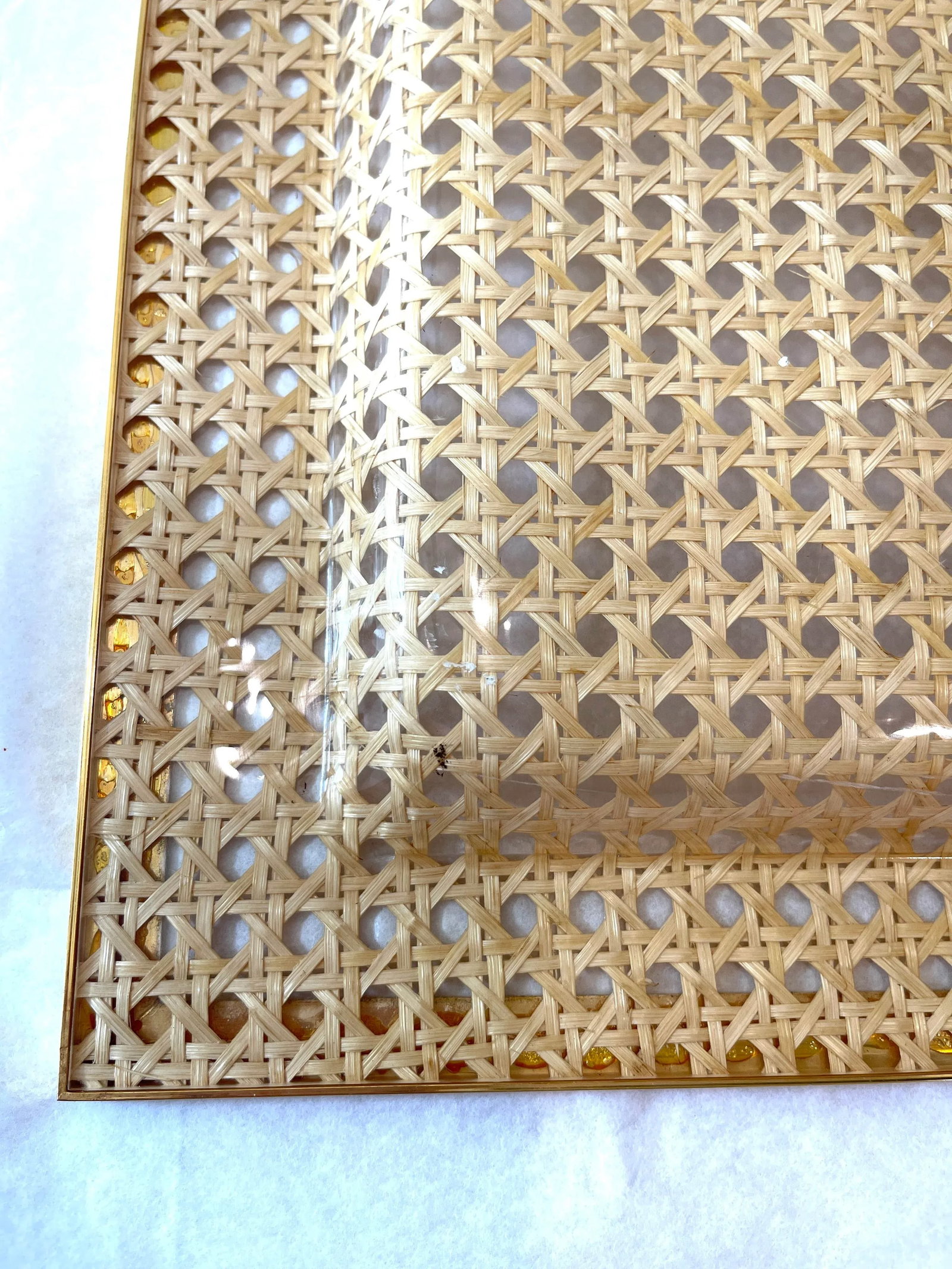 1970's French Lucite, Vienna Straw and Brass Tray Attrib to Dior - 12