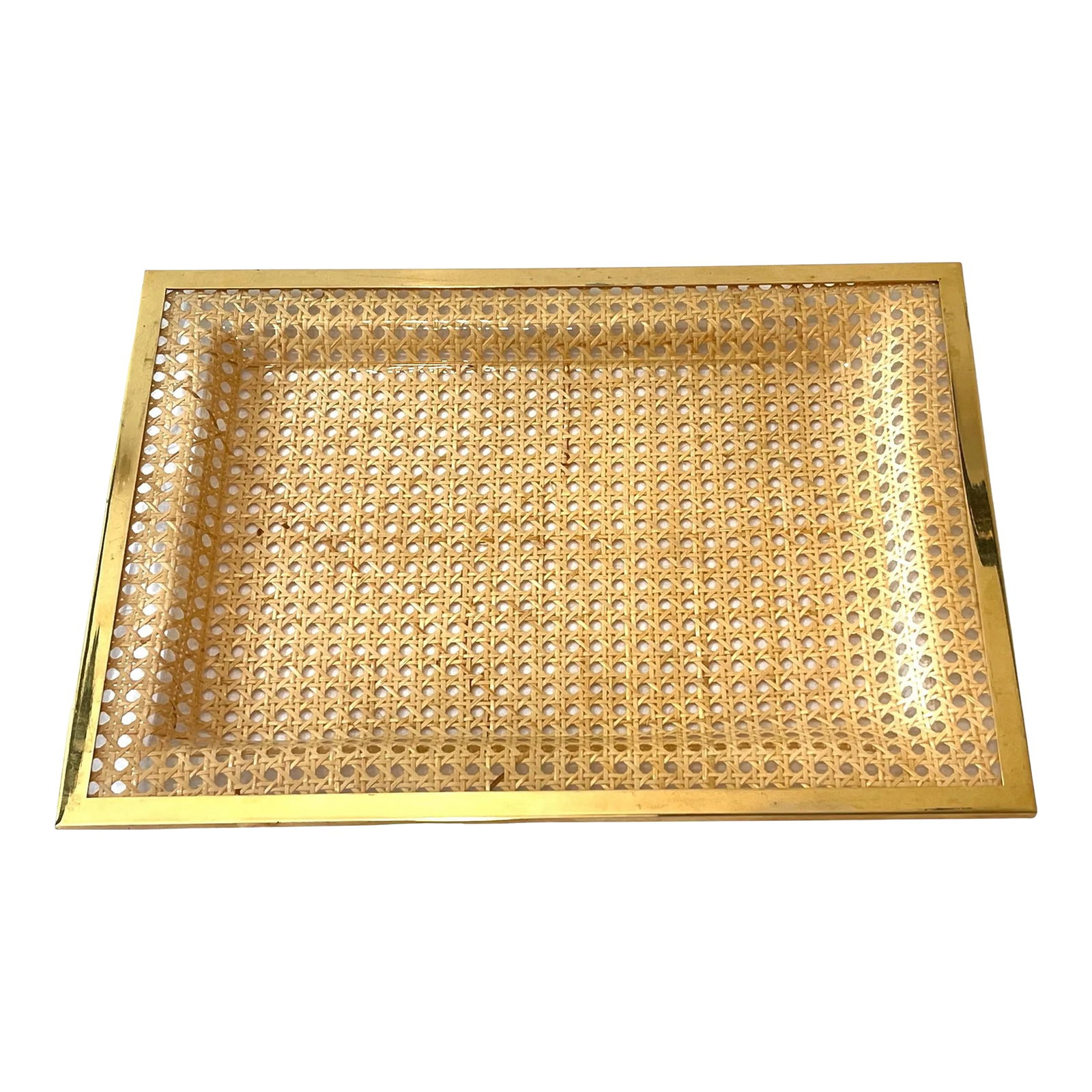 1970's French Lucite, Vienna Straw and Brass Tray Attrib to Dior: Fantastic large rectangular tray in lucite with Vienna straw encased inside and edged in thick brass banding. A great impressive size and good weight. Made in France during the 1970s, attributed to Ch