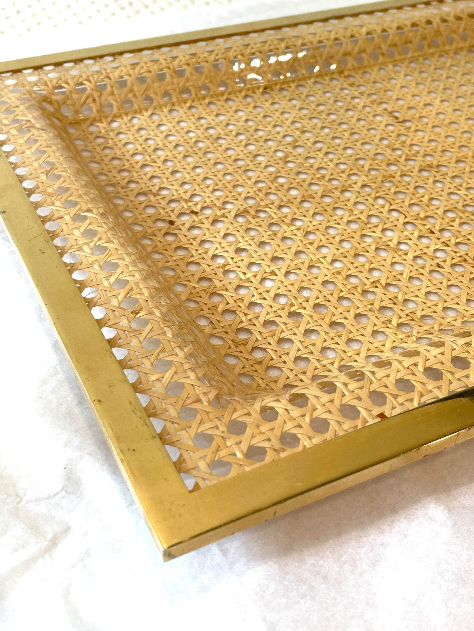 1970's French Lucite, Vienna Straw and Brass Tray Attrib to Dior - 2