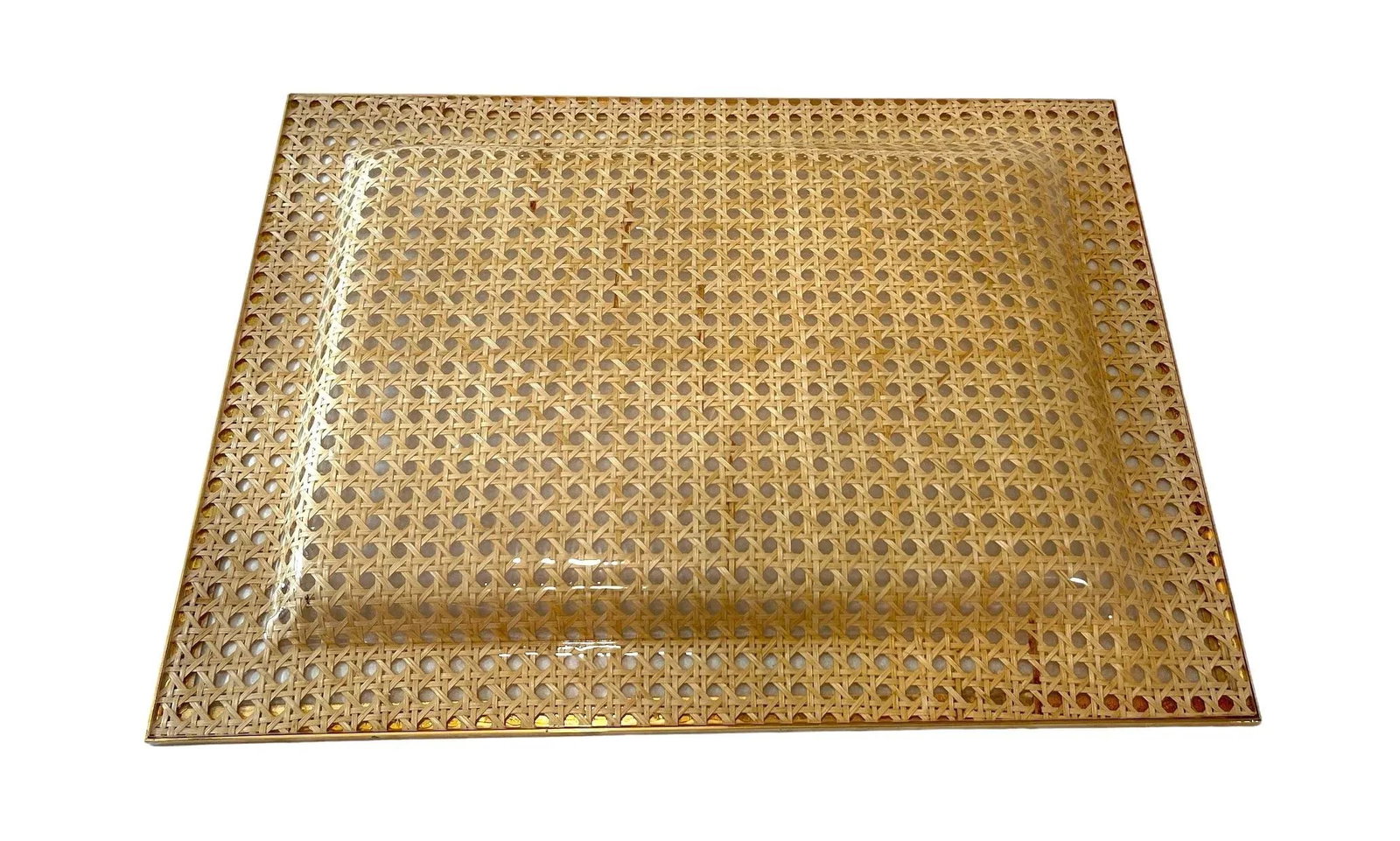 1970's French Lucite, Vienna Straw and Brass Tray Attrib to Dior - 4