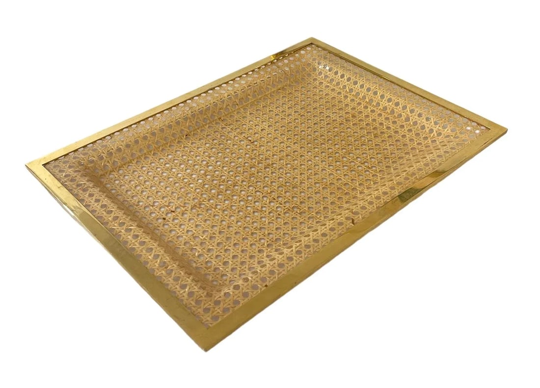 1970's French Lucite, Vienna Straw and Brass Tray Attrib to Dior - 5