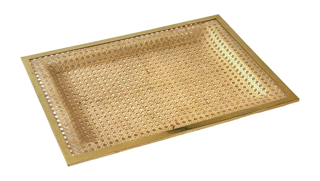 1970's French Lucite, Vienna Straw and Brass Tray Attrib to Dior - 6