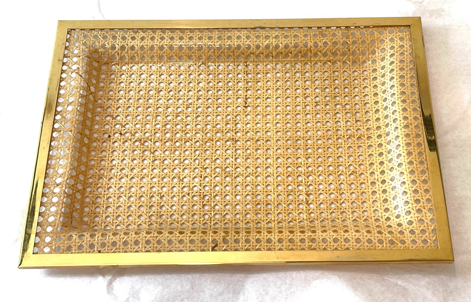 1970's French Lucite, Vienna Straw and Brass Tray Attrib to Dior - 8