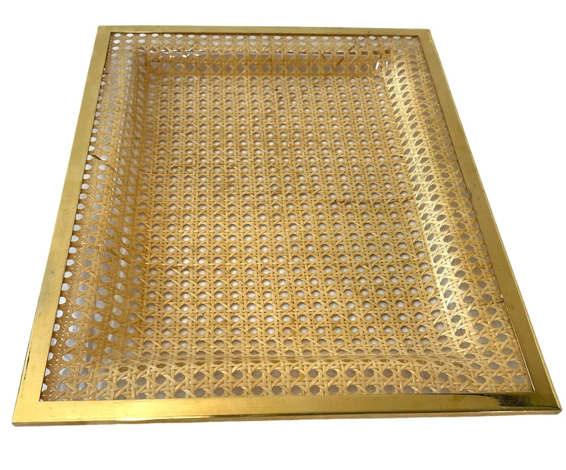 1970's French Lucite, Vienna Straw and Brass Tray Attrib to Dior - 9