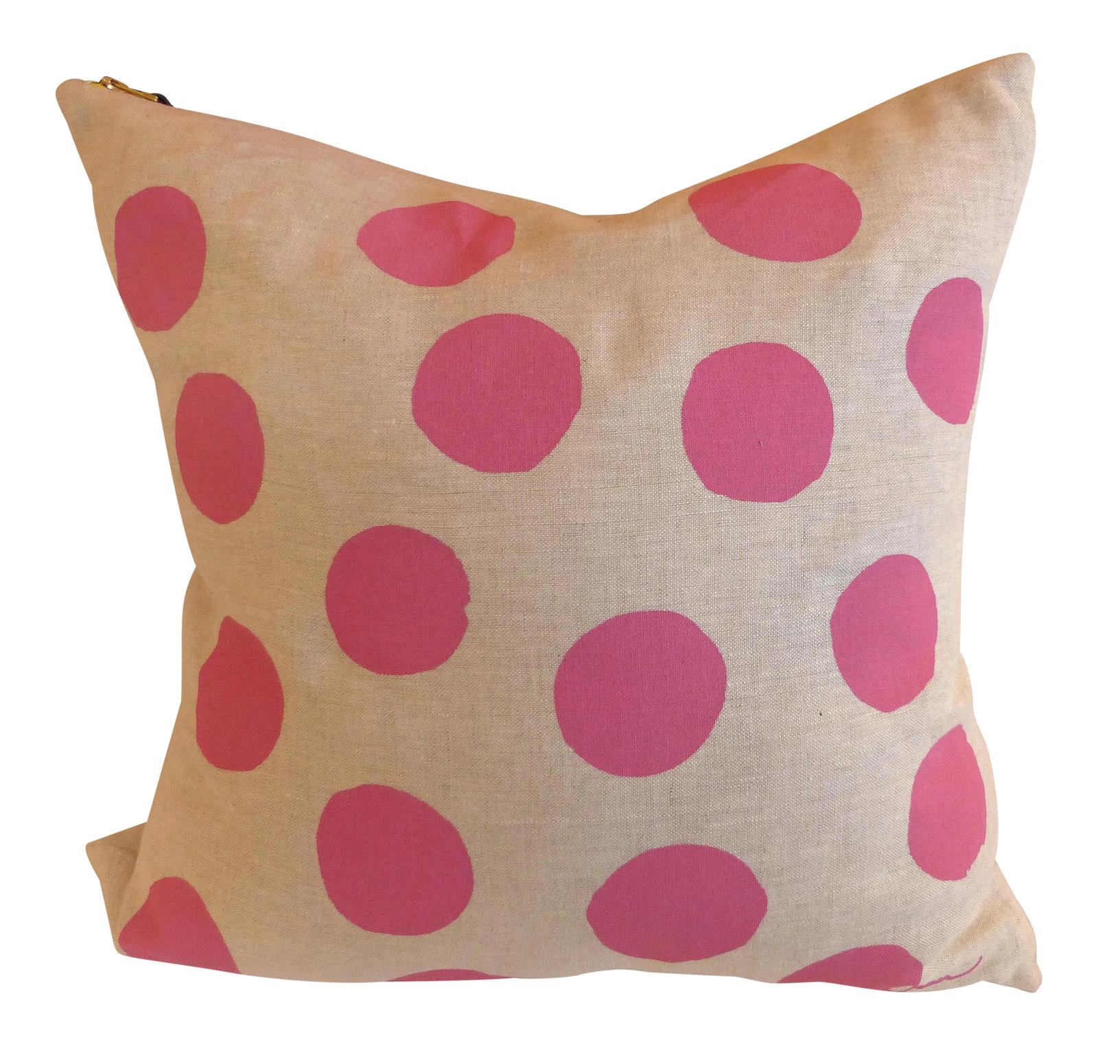 Heavy Linen Hand Made Pink Polka Dot Pillow: Beautiful handmade heavy linen silk screened polka dot pillow. The detail and execution are perfectly done. The pillow has a hidden zipper and has a new feather/down insert. Condition: Imperfections:
