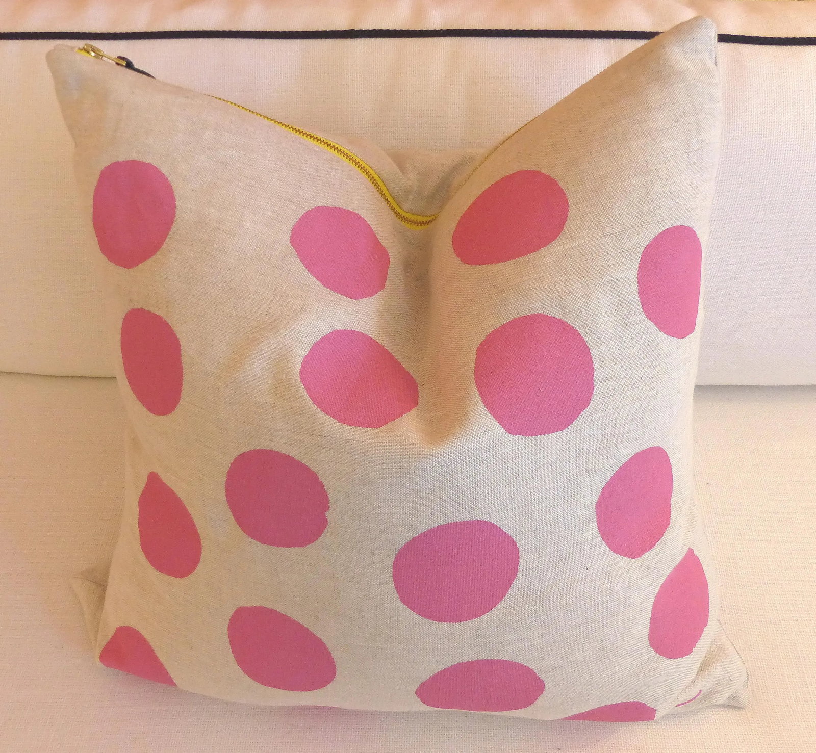 Heavy Linen Hand Made Pink Polka Dot Pillow - 2
