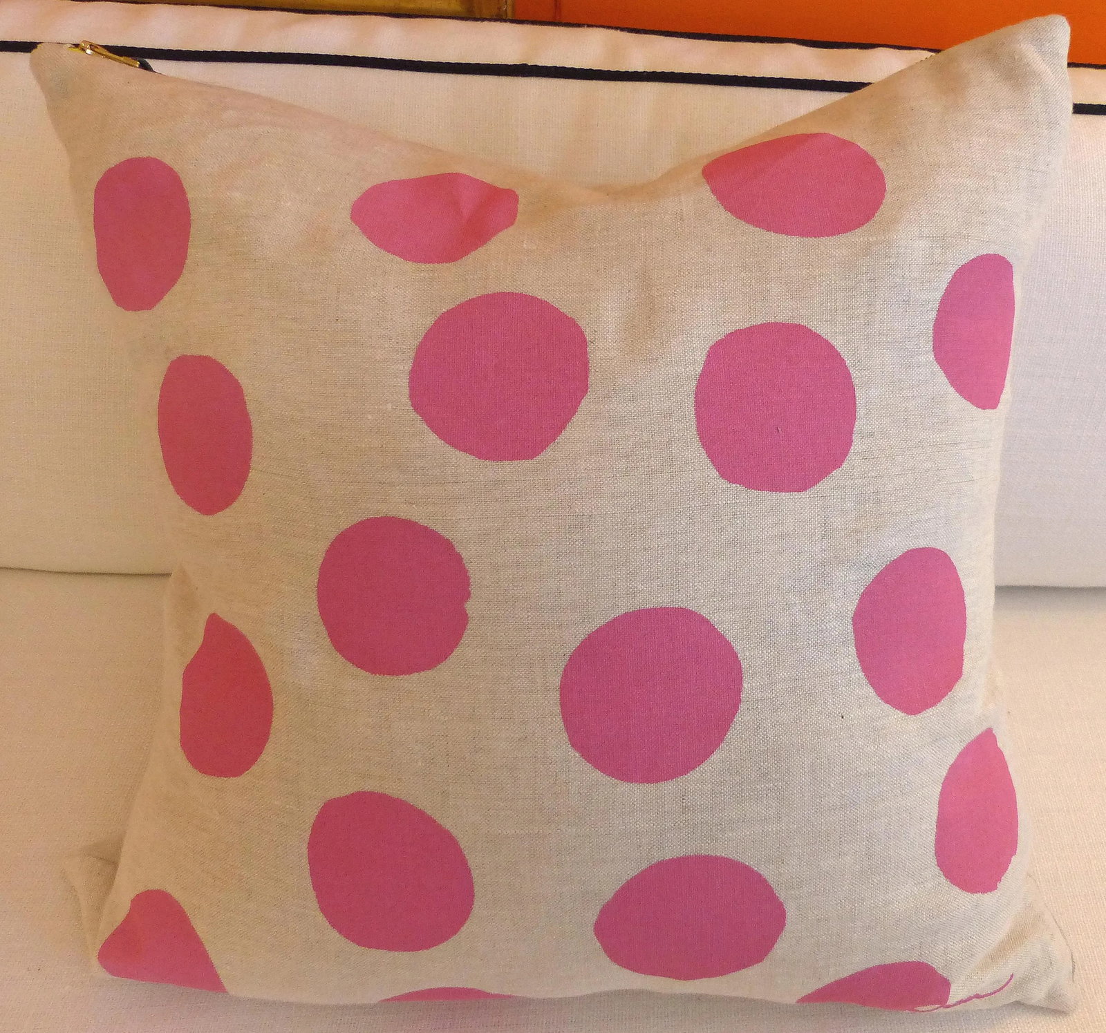 Heavy Linen Hand Made Pink Polka Dot Pillow - 6