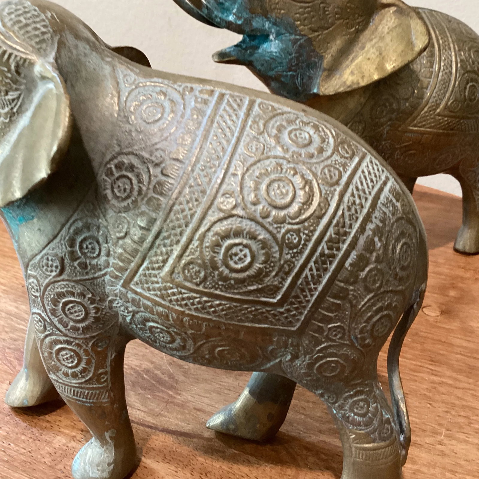 Mid 20th Century Vintage Solid Brass Elephant Book Ends Original Patina - Set of 2 - 7