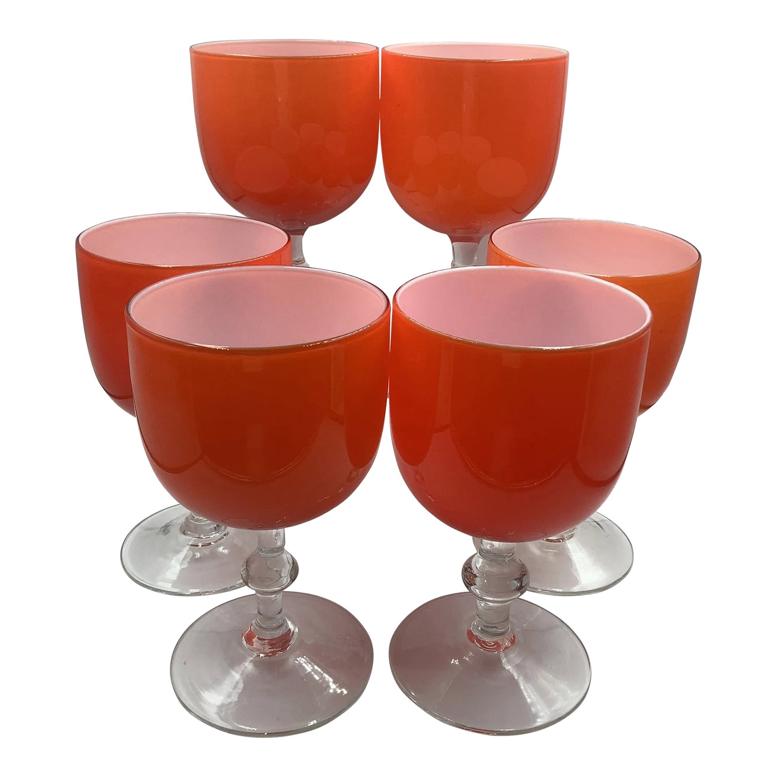 Rare Carlo Moretti Italy Orange Cased Glass Wine Glasses Goblets - Set of 6: An extremely RARE orange with clear stem cased glass Carlo Moretti Wine Glasses hand blown in Italy. These are just spectacular in person. They measure 6" x 3 1/4". They are in excellent vintage