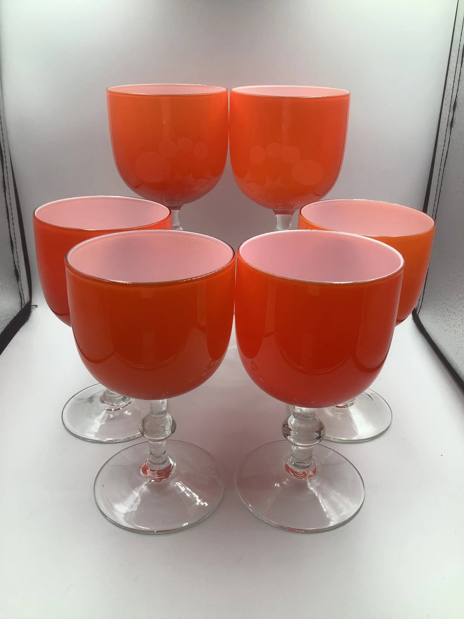 Rare Carlo Moretti Italy Orange Cased Glass Wine Glasses Goblets - Set of 6 - 8