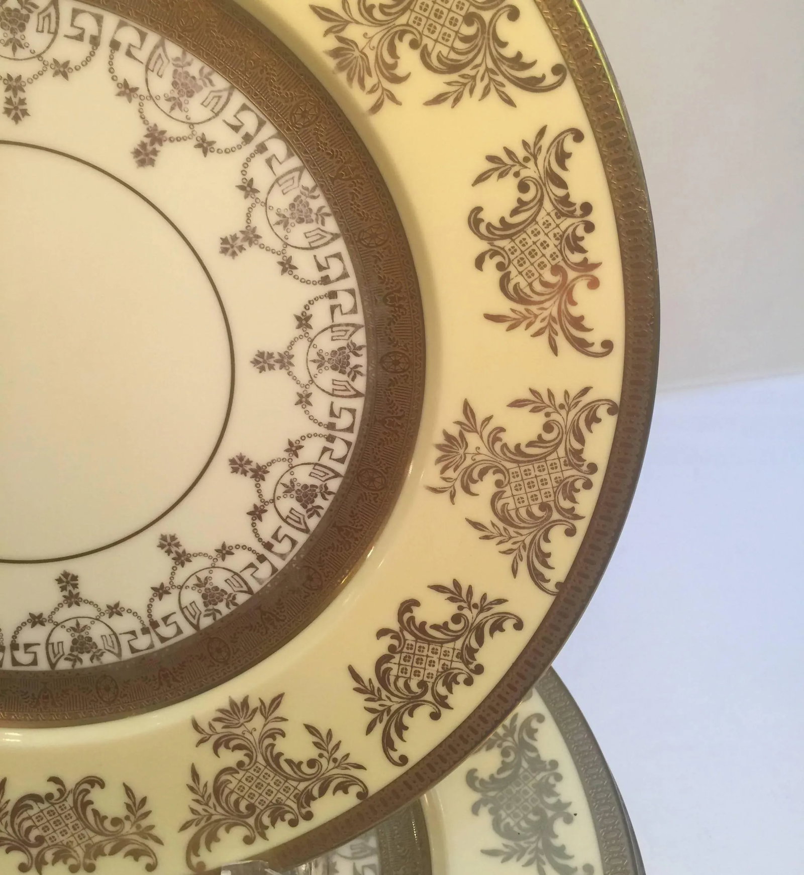 Set of 12 Service Dinner Plates with Vanilla and Gilt Borders - 2