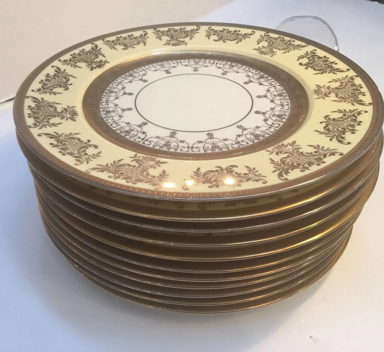 Set of 12 Service Dinner Plates with Vanilla and Gilt Borders - 5