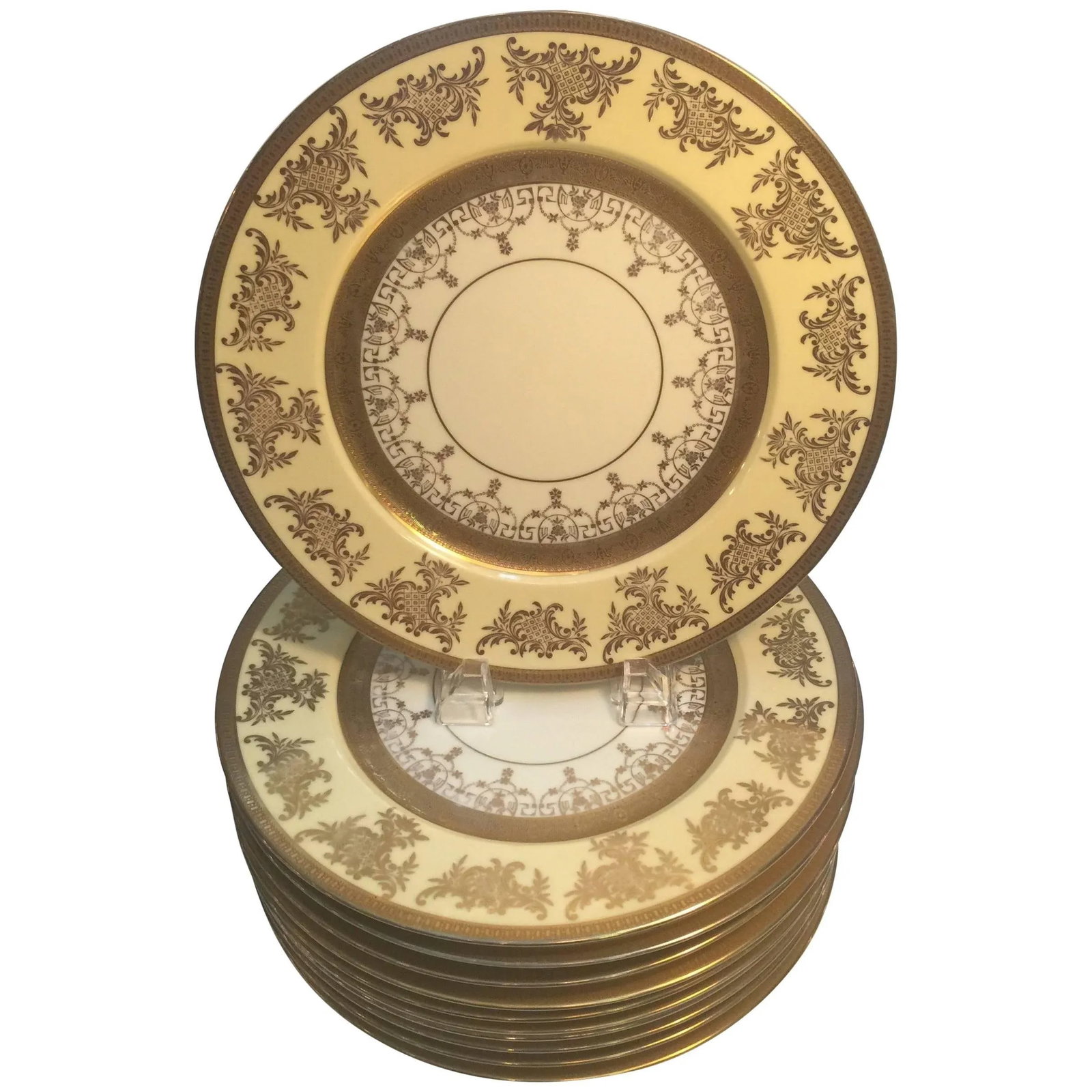 Set of 12 Service Dinner Plates with Vanilla and Gilt Borders - 9