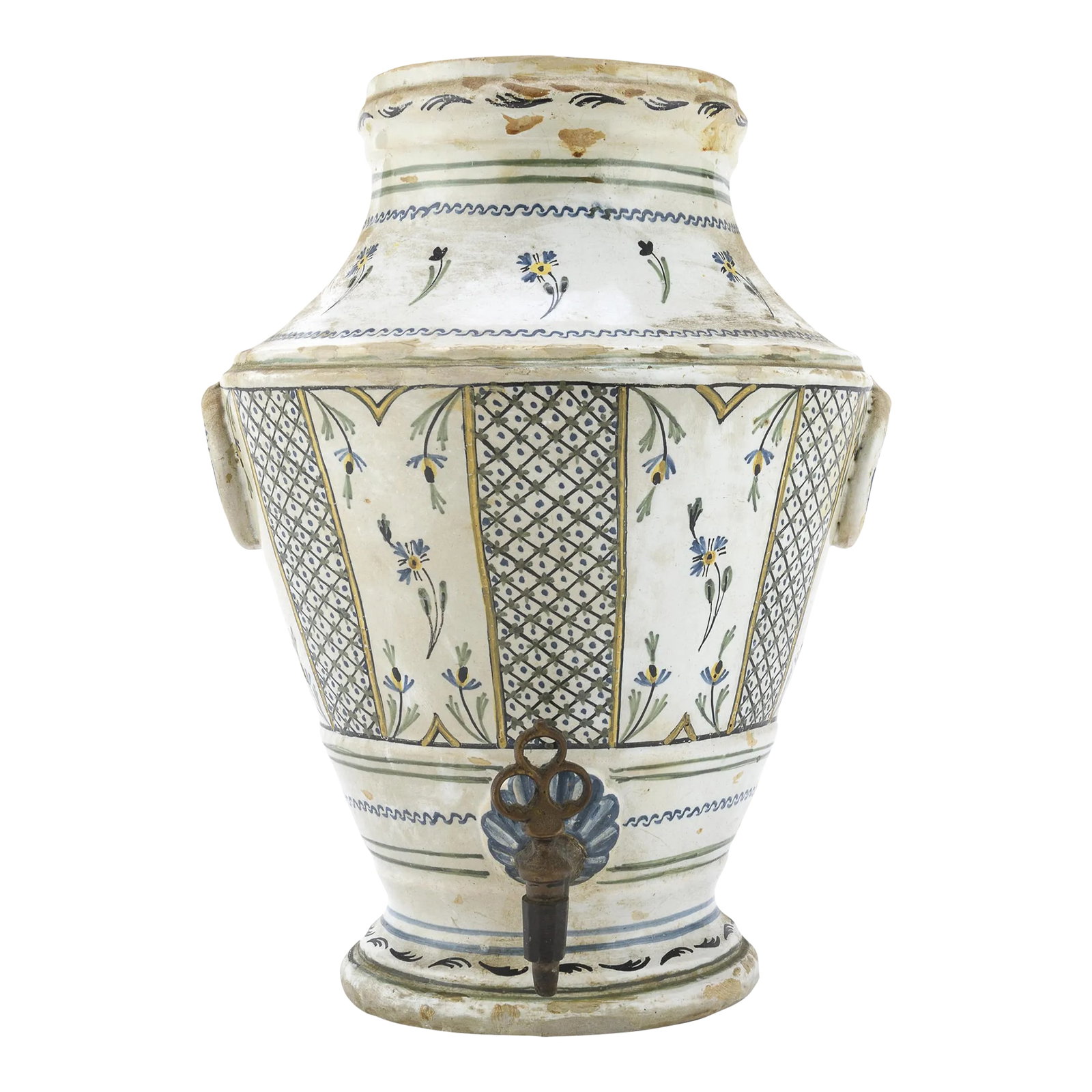 Rustic French European 18th Century Faience Fountain With Spigot: Anonymous Mid-18th century; probably Moustiers or Nevers, France Faience and brass Approximate size: 12.25 (h) x 9 (w) x 6.25 (d) inches The present dispenser was either used as a water or wine