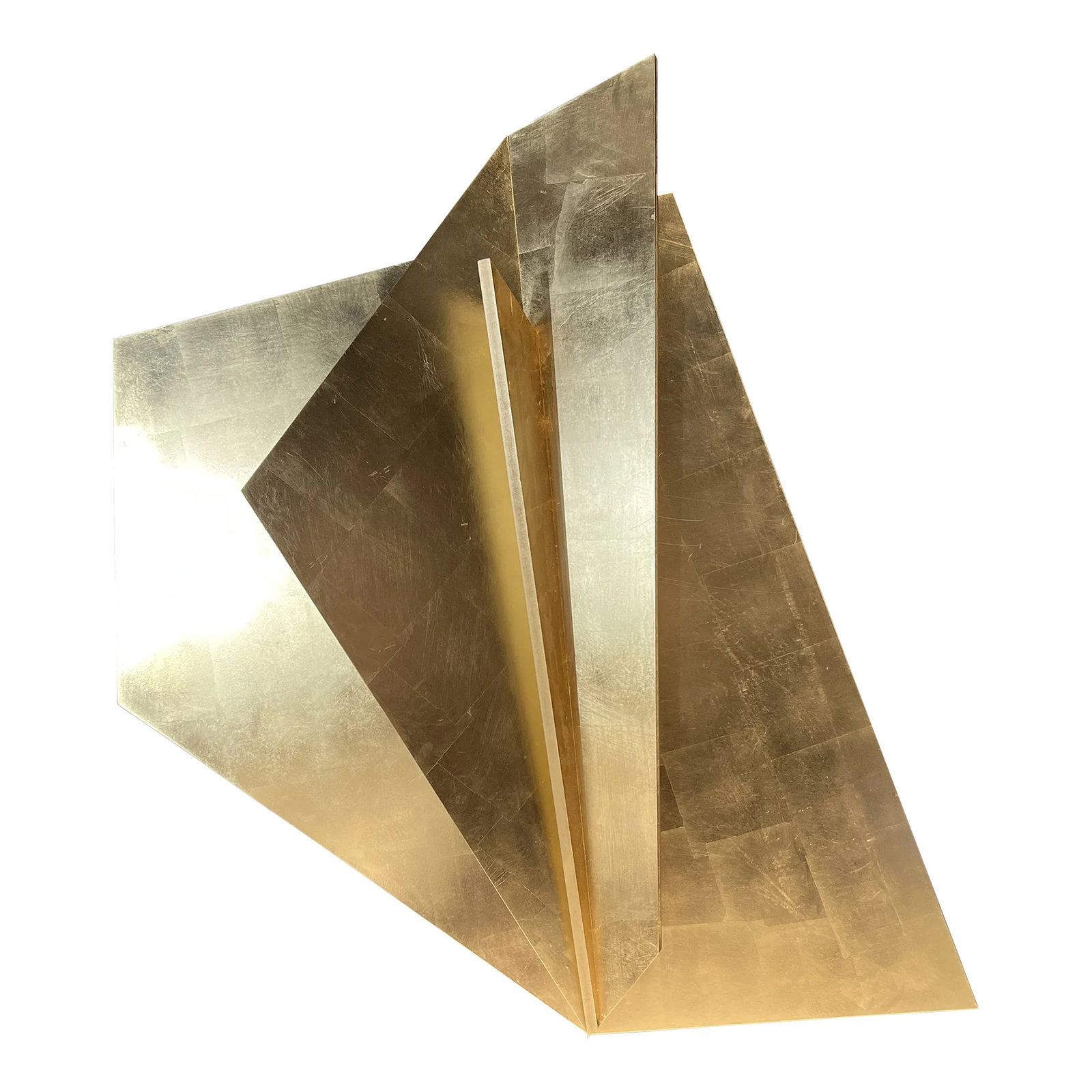 Gold Leaf Wall Sculpure: Recently featured in the 2023 San Francisco Decorators Showcase! Statement making wall sculpture made out of wood and covered in gold leaf. 43" wide X 45" high X 6" deep. Creates a nice glow from