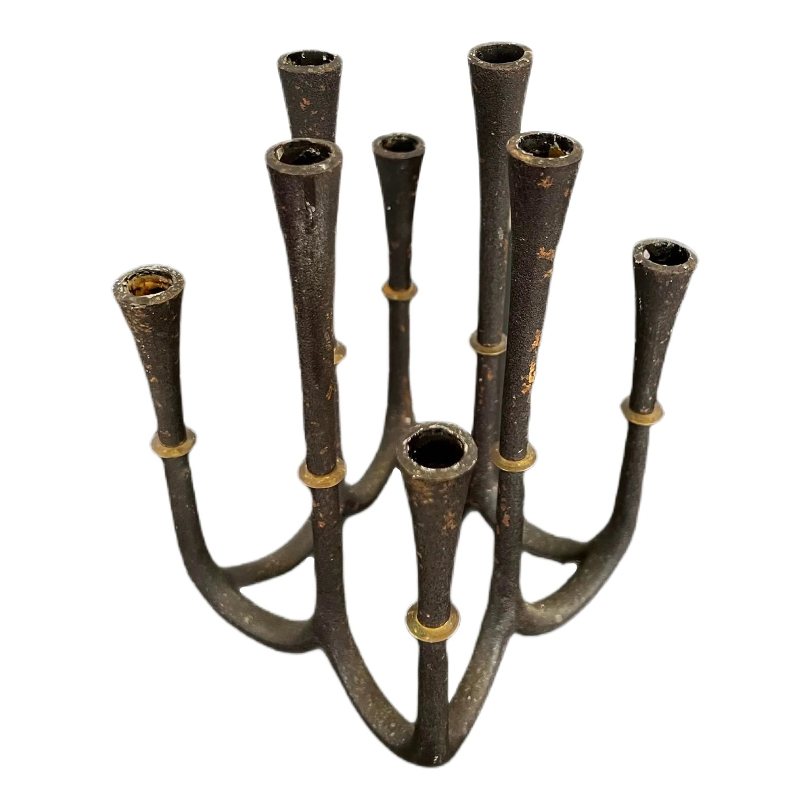 Mid-Century Modern Candelabra by Jens Quistgaard for Dansk: Mid-Century modern candelabra by Jens Quistgaard for Dansk. Features solid cast iron with brass accents, holds eight candles. Made in Denmark circa 1960s Beautiful Design to be considered a world of a