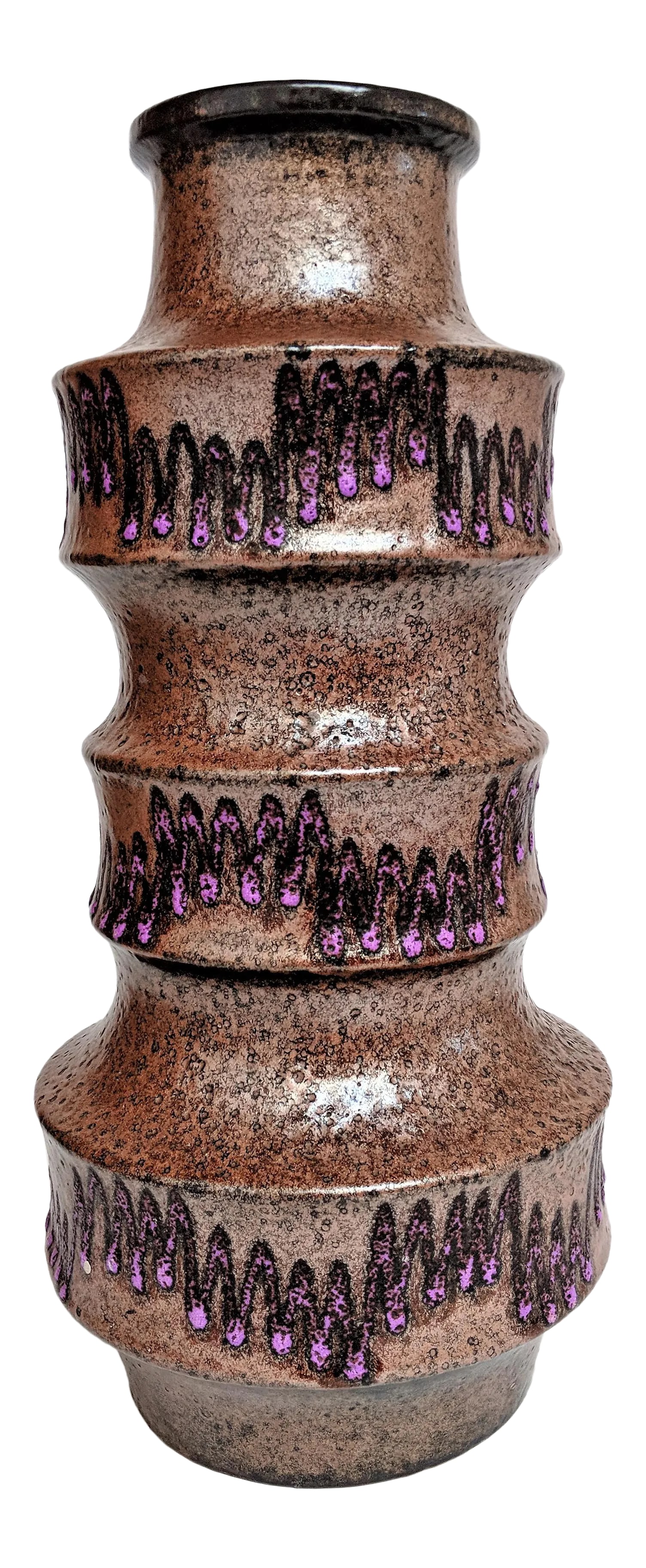 West Germany Ceramic Purple Lava Vase: West Germany Ceramic Lava Vase is in excellent condition. Purple glaze really pops to create a unique look to this vase. Measures 19" tall x 10" diameter. Opening at mouth is 4.5". Vase is Numbered