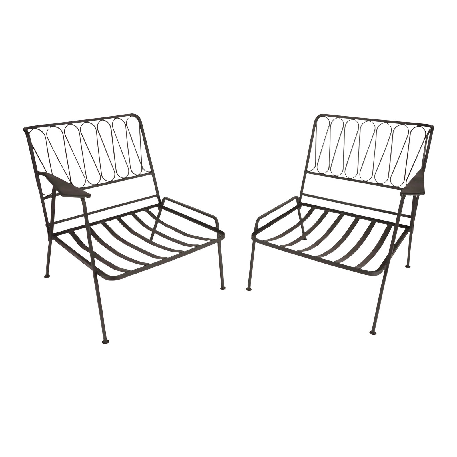 Vintage Maurizio Tempistini for Salterini "Ribbon" Arm Lounge Chairs -Set of 2 Unmarked: Beautiful pair of wrought iron lounge loveseats from the famous ribbon line by Maurizio Tempestini for Salterini. Consists of Two chairs altogether. Very Sturdy just need cushion. Measurement -W 23"