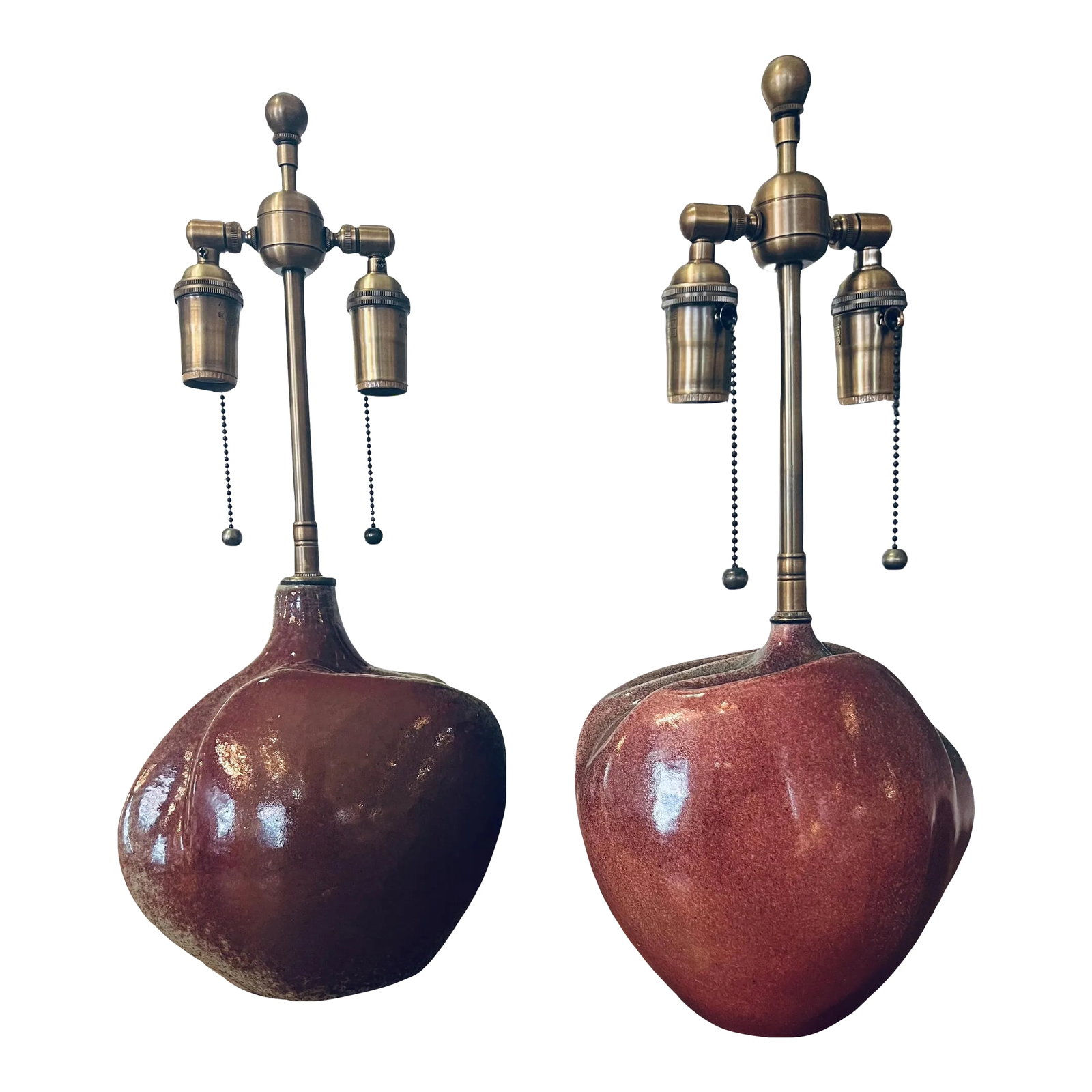 French 1960s Tim Orr Art Pottery Mid Century Table Lamps - A Pair: An excellent pair of French mid century sculptural art pottery table lamps by French Artist, Tim Orr. Rewired with aged brass double sockets. Signed. The vase measures 8.5" H x 8.5" W x 4" D.