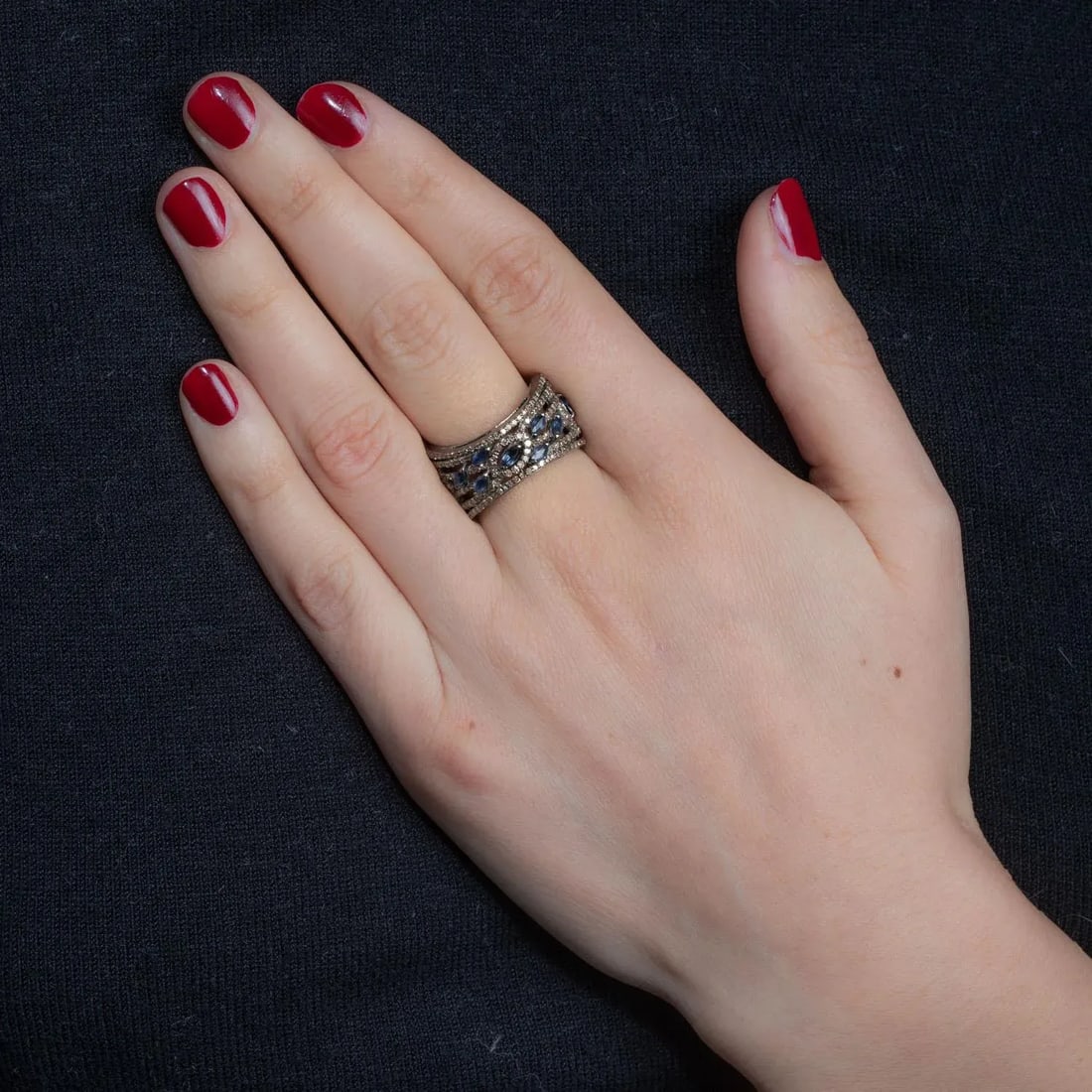 1990s Marquise Blue Sapphire and Diamond Ring - 2