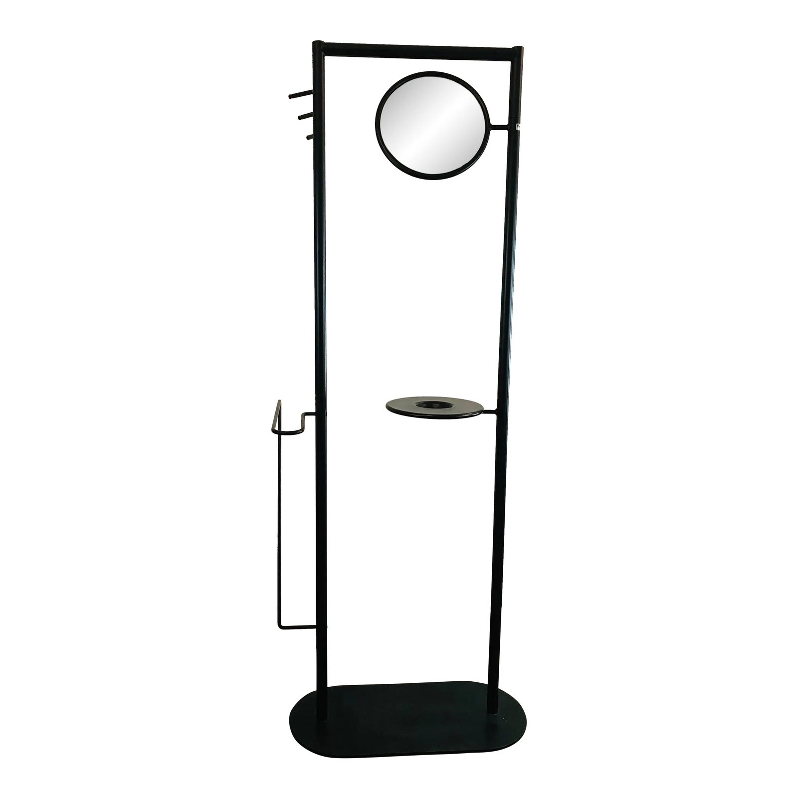 1980s Post Modern Emilio Nanni Musme Memphis Design Italian Fly Line Valet Mirror: Fantastic post modern Memphis Era Valet piece by Fly Line and made in Italy. It features a fully 360 degree adjustable double sided mirror, asymmetrical coat and pants hanger and floating change/cellp