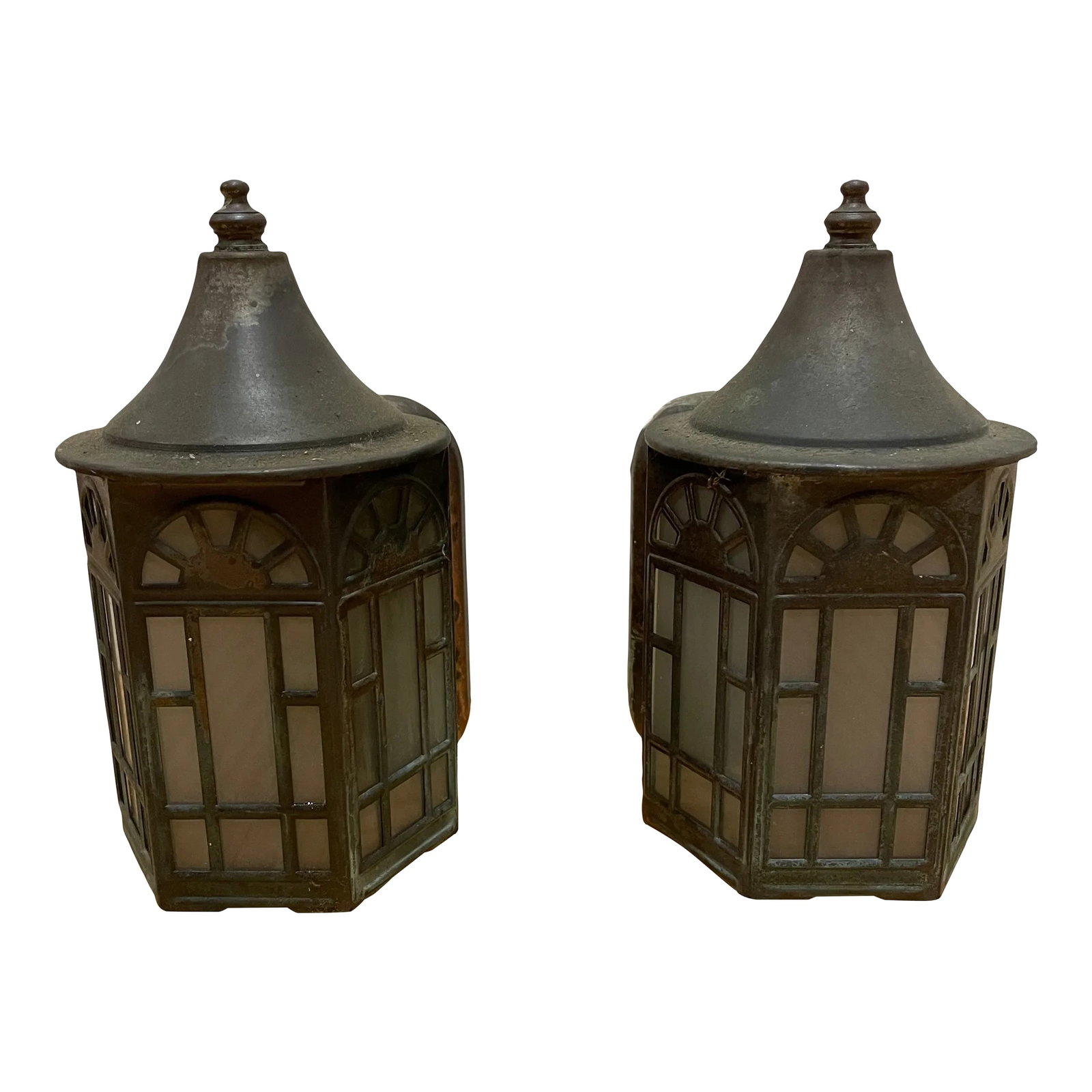 Vintage Copper Arts & Crafts Mission Sconces - a Pair: Amazing pair of petite vintage copper arts & crafts mission sconces. Gorgeous patina with clear glass inserts behind copper mission windowpane designs. May be used indoors our out. All glass intact, b