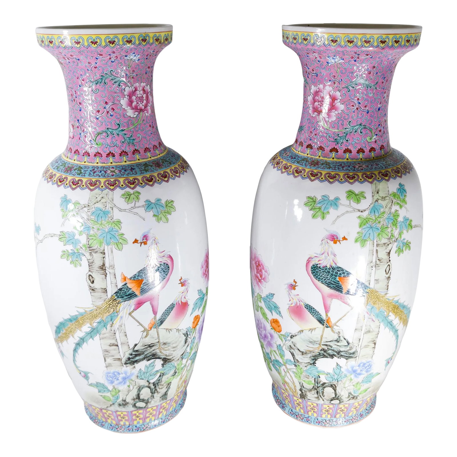 20th Century Pair of Chinese Famille Rose Decorative Chinoiserie Vases: We are selling this great pair of Mid-Century Chinese famille rose style vases with phoenix decoration and pink and blue borders. Great attractive decorative color palette, the vases are probably