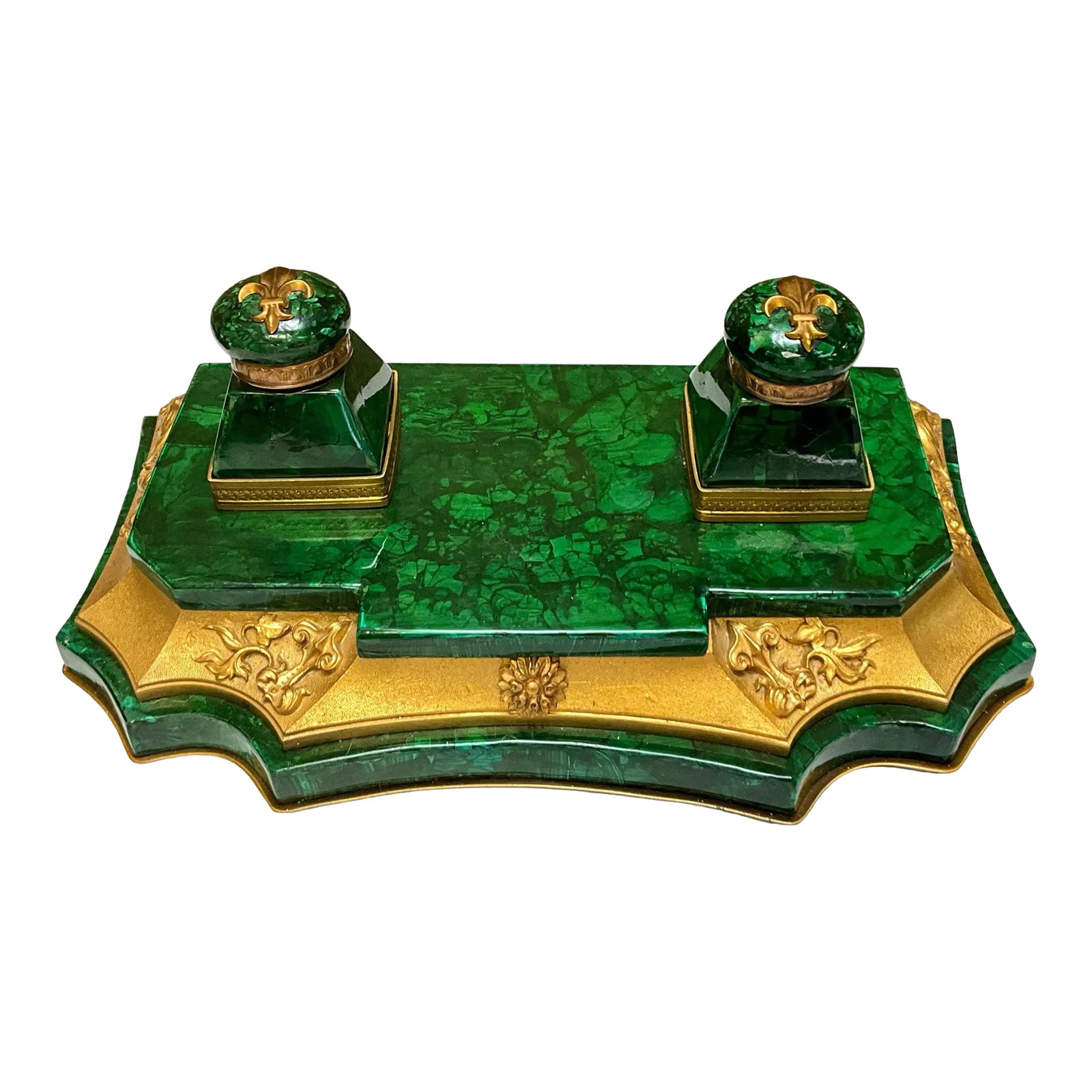 Early 20th-C. French Gilt Bronze and Malachite Desk Pen Inkwell / Inkstand (1 of 5)