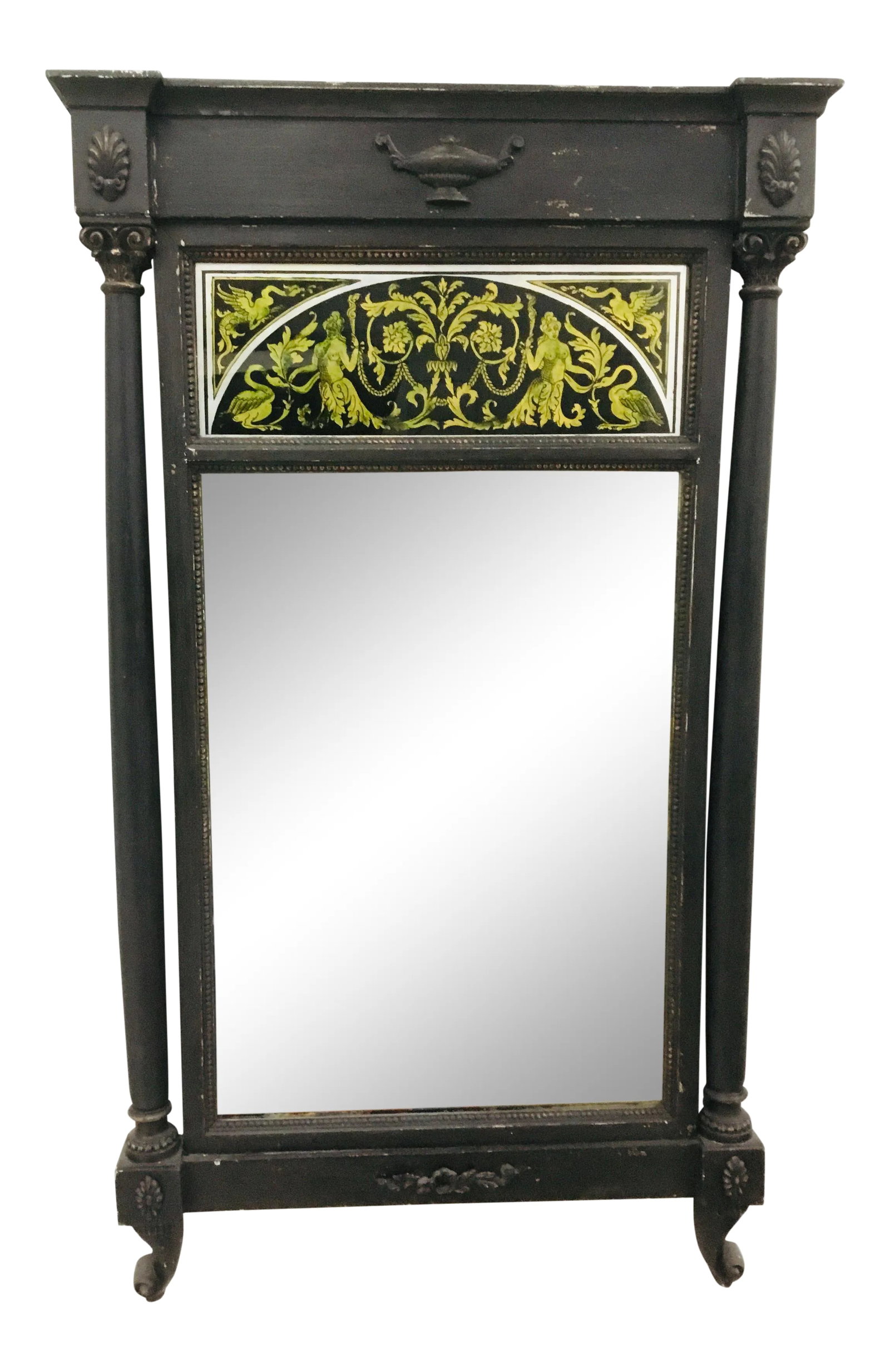 1940 Vintage Italian Neoclassical Painted Pier Mirror With Reverse Glass Painted Panel: Charming vintage mirror. Original makers label on back. Condition: Alterations: Original Condition Unaltered Imperfections: Some Imperfections Condition Notes: Age appropriate wear and small losses
