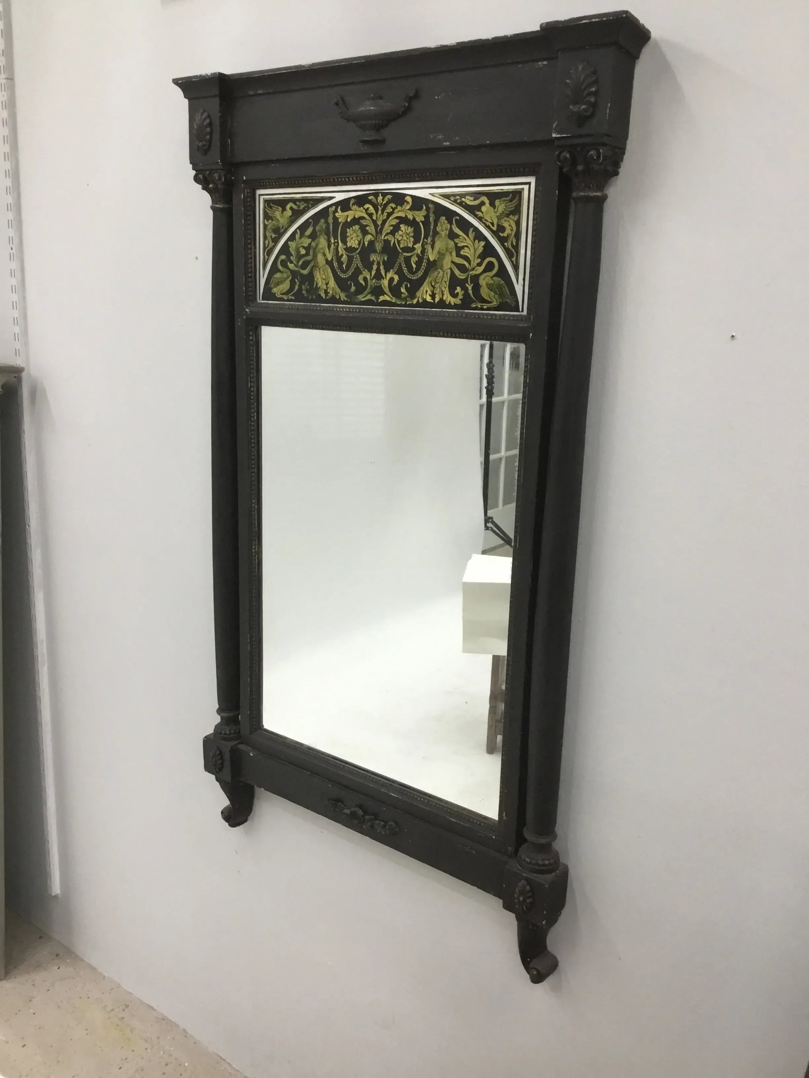 1940 Vintage Italian Neoclassical Painted Pier Mirror With Reverse Glass Painted Panel - 2