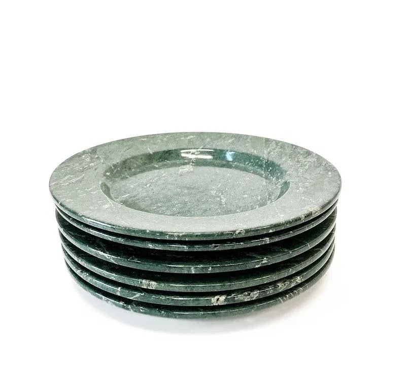 Set of 6 Charger Plate Platters Serveware Green Marble Handmade Italy, 1970s - 2