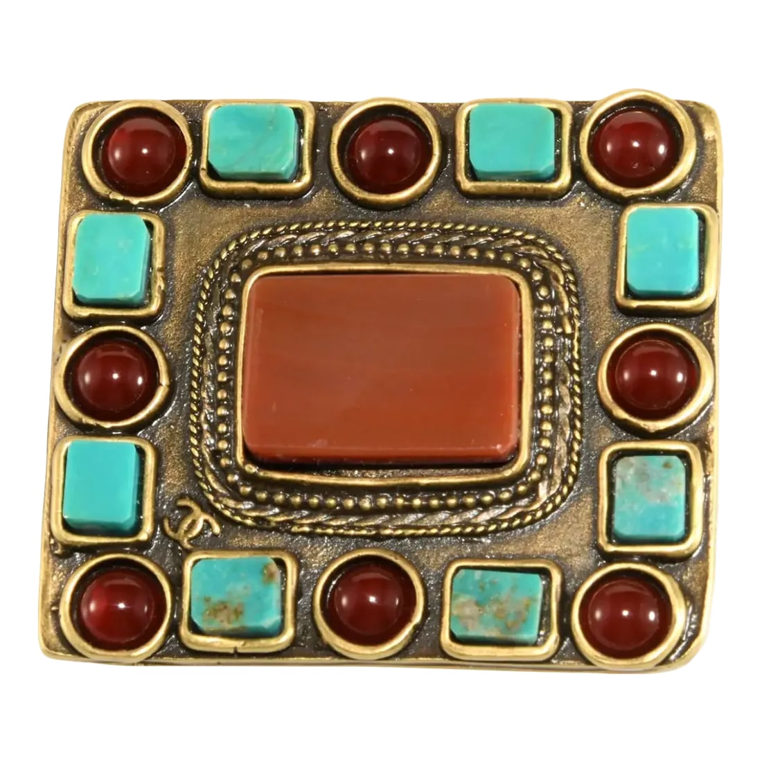 Chanel Etruscan Revival Brooch With Original Box: This is part of Chairish's Costume Jewelry assortment. Etruscan revival brooch decorated with what appears to be genuine turquoise and carnelian in the center. The red cabochons appear to be glass. It