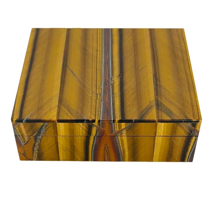 1960's Italian Tiger Eye Lapidary Box: Stunning gem quality tiger eye box lined with white onyx, gold plated hinges. The finest Italian craftsmanship, highest quality tiger eye with beautiful chatoyancy Condition: Alterations: Original