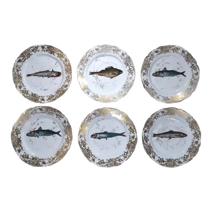 Cfh Gdm Haviland Limoges Fish Plates Hand Painted Set of 6 Gilt-Edge, 1882-1890: A set of 6 fish plates by Charles Haviland and Company, Limoges, France. The particular backstamps on these hand painted 8.5 inch plates indicate they were produced between 1882 and 1890. Each fish is