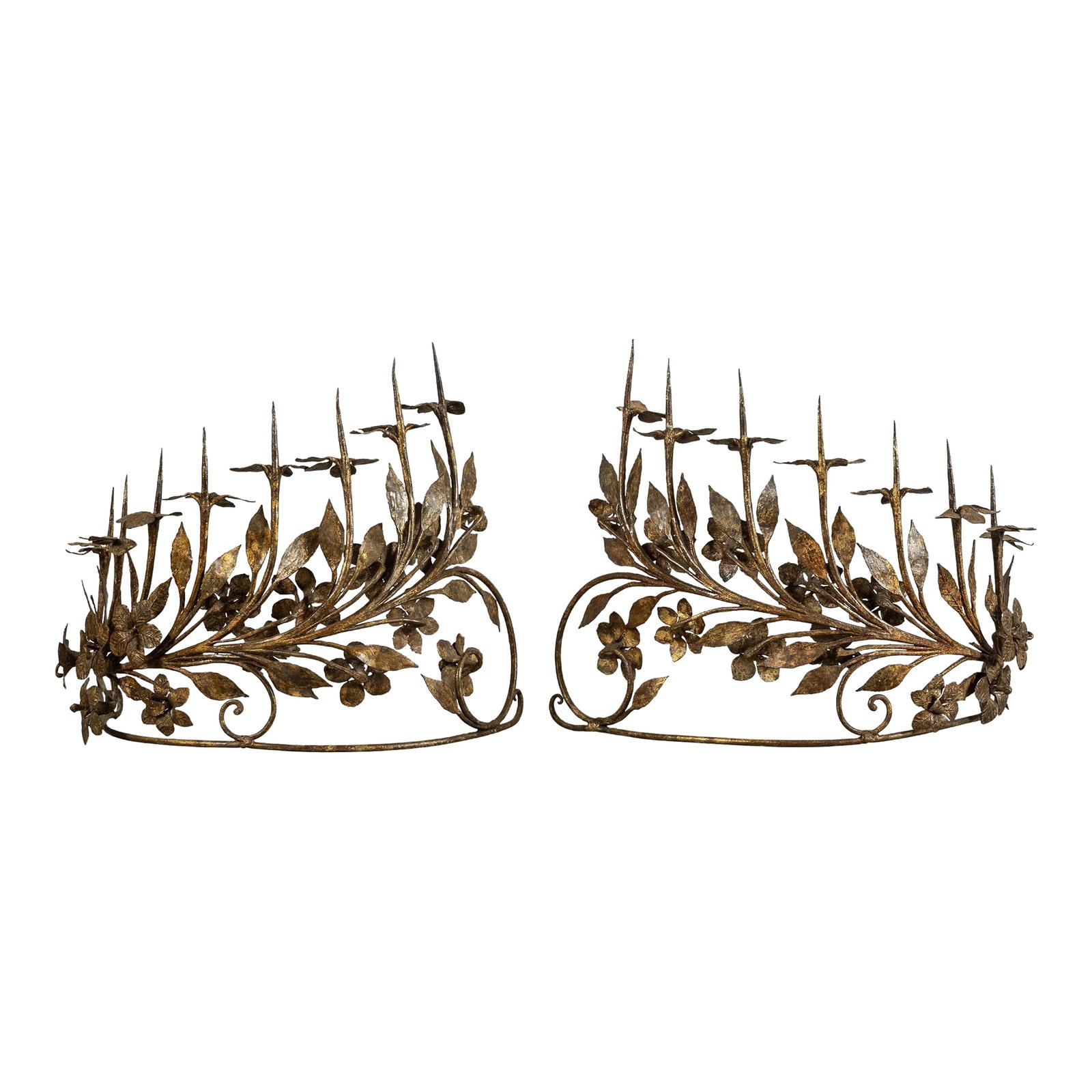 Pair of Eight-Light Antique Vintage Italian Candelabrum in Wrought Gilded Iron (1 of 5)