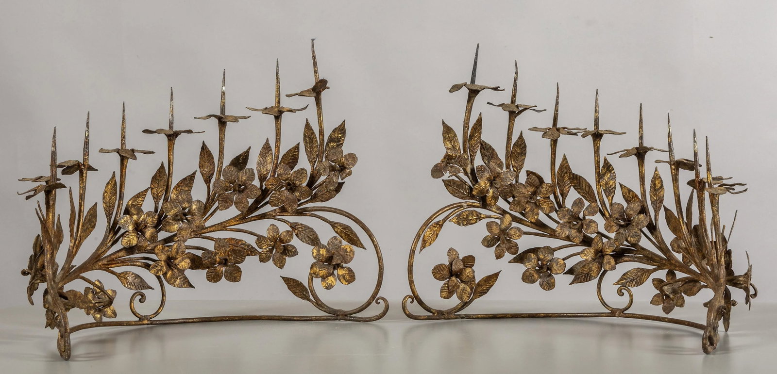Pair of Eight-Light Antique Vintage Italian Candelabrum in Wrought Gilded Iron - 2