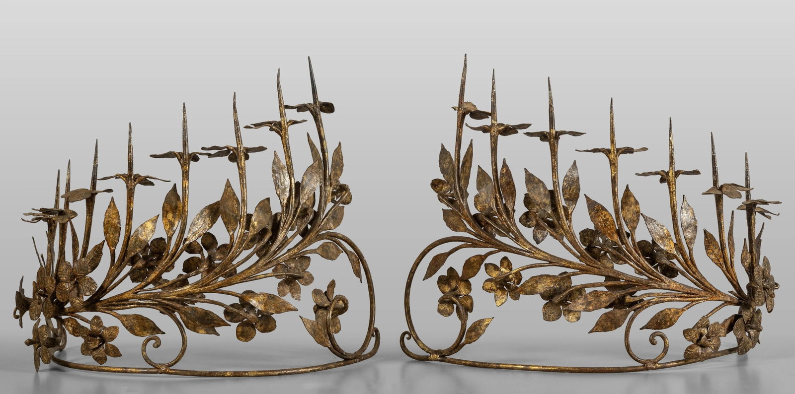 Pair of Eight-Light Antique Vintage Italian Candelabrum in Wrought Gilded Iron - 4